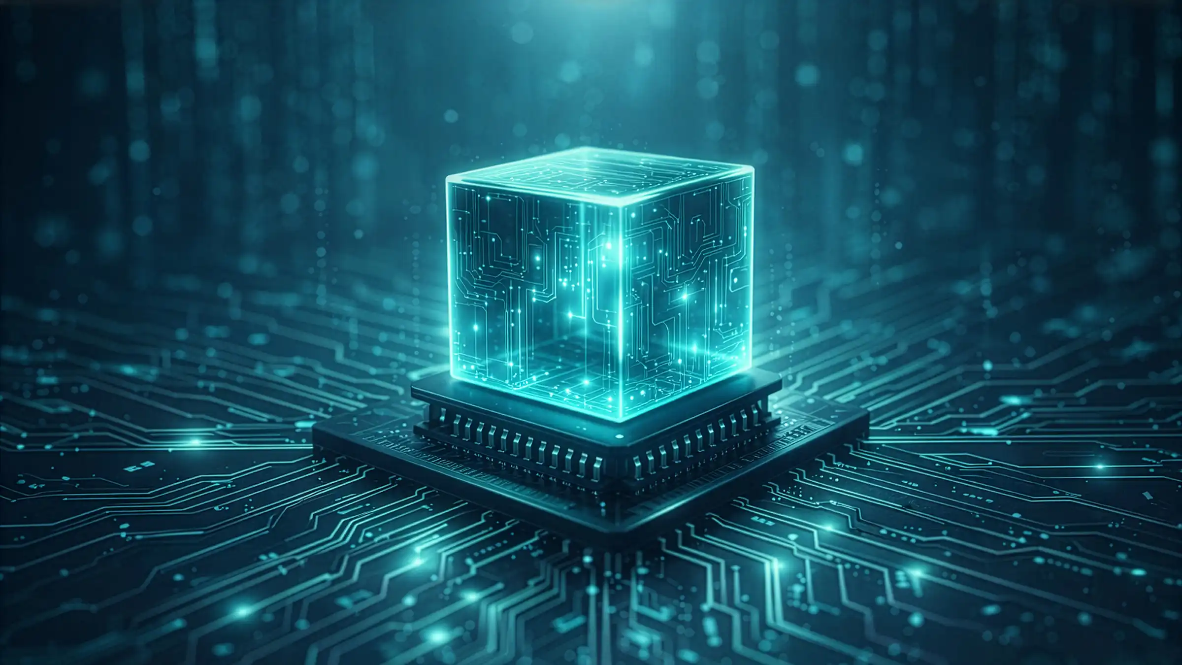 A glowing cyan digital cube sits on a high-tech circuit board with intricate light trails, representing quantum computing and advanced data processing.