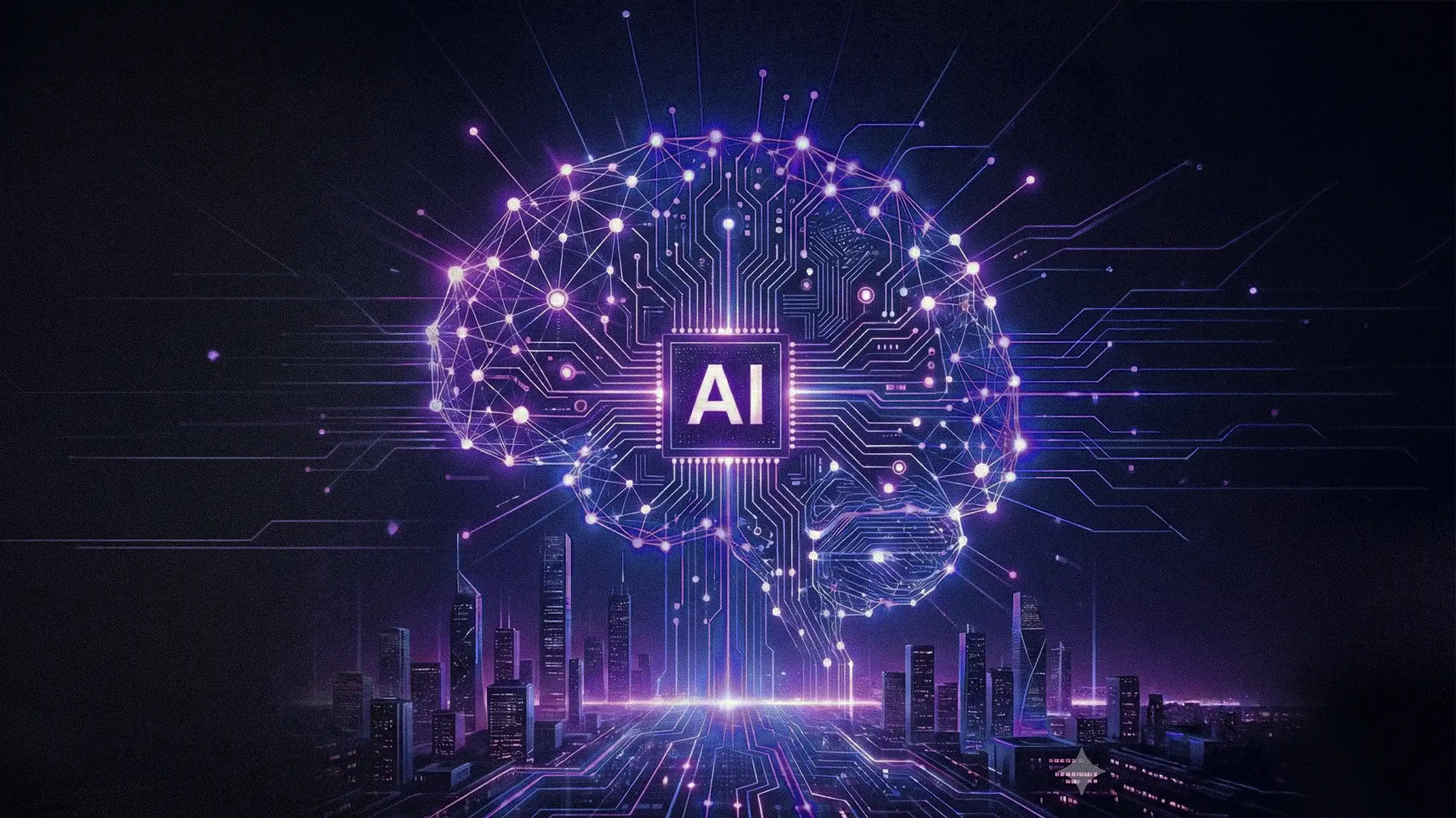 A glowing purple artificial intelligence brain with neural network circuits and a central AI chip floating above a futuristic neon city skyline.