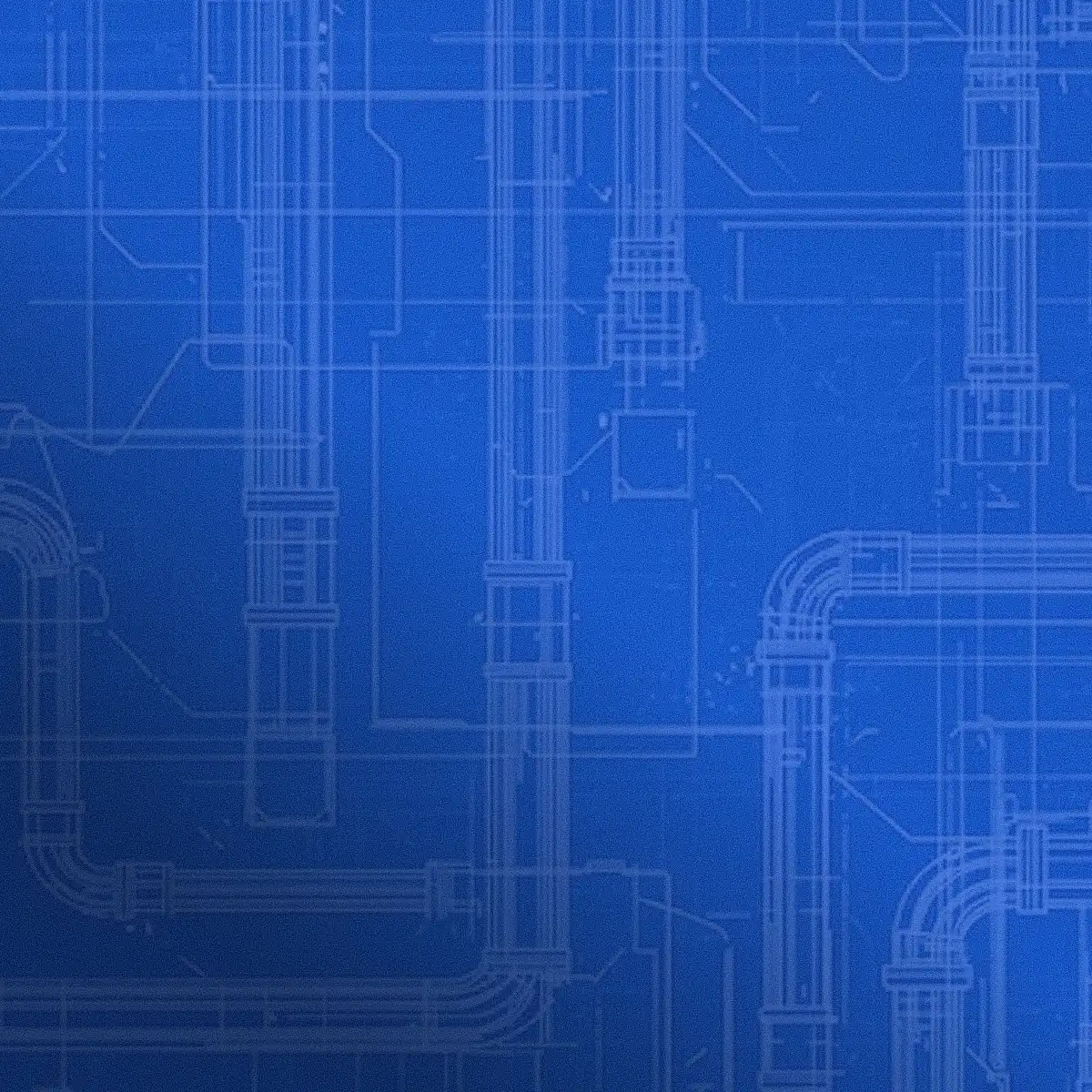 Blueprint-style illustration of interconnected pipes with joints and valves on a blue background.
