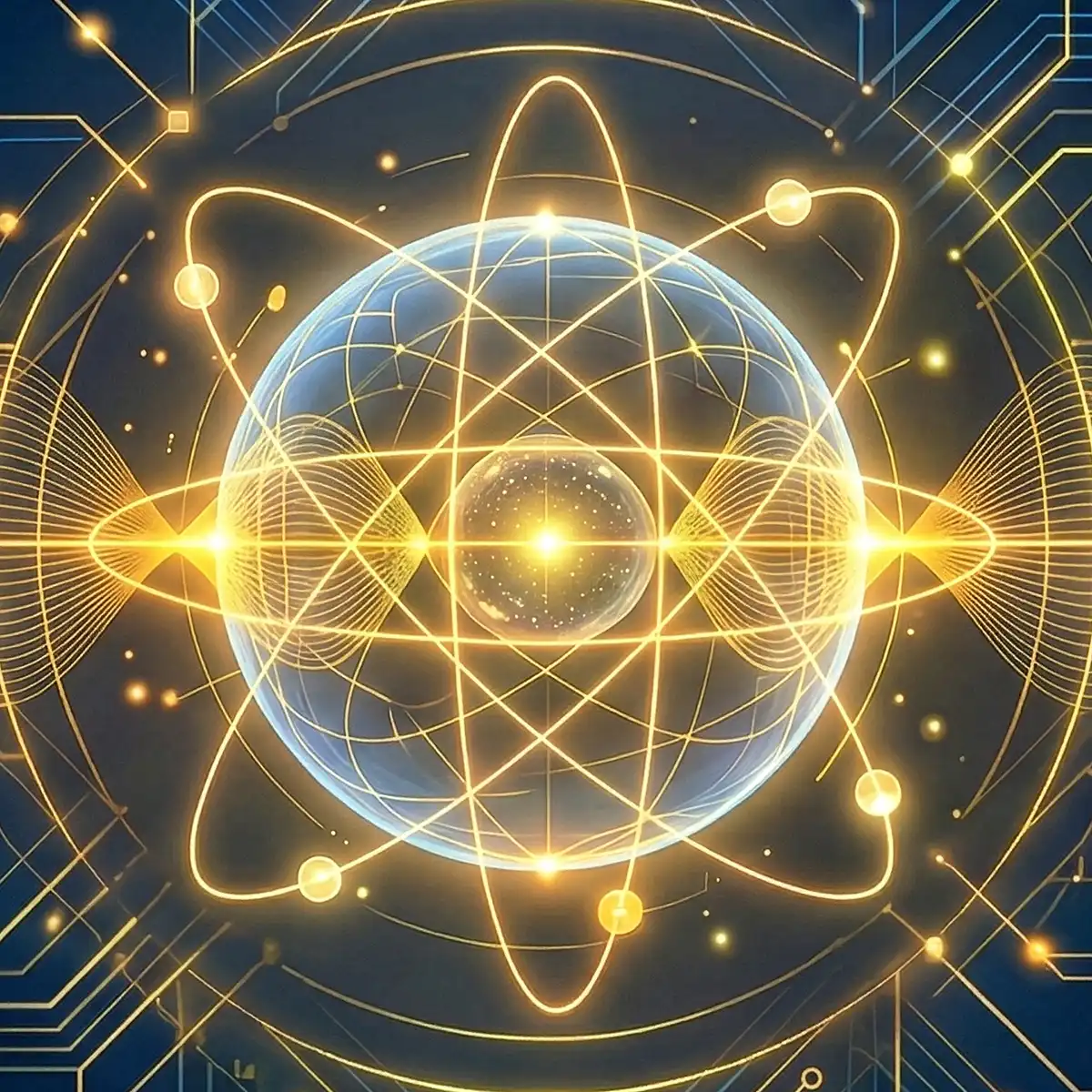Glowing atomic model with intersecting orbital rings and a bright core centered against an intricate dark blue quantum computing circuit board.