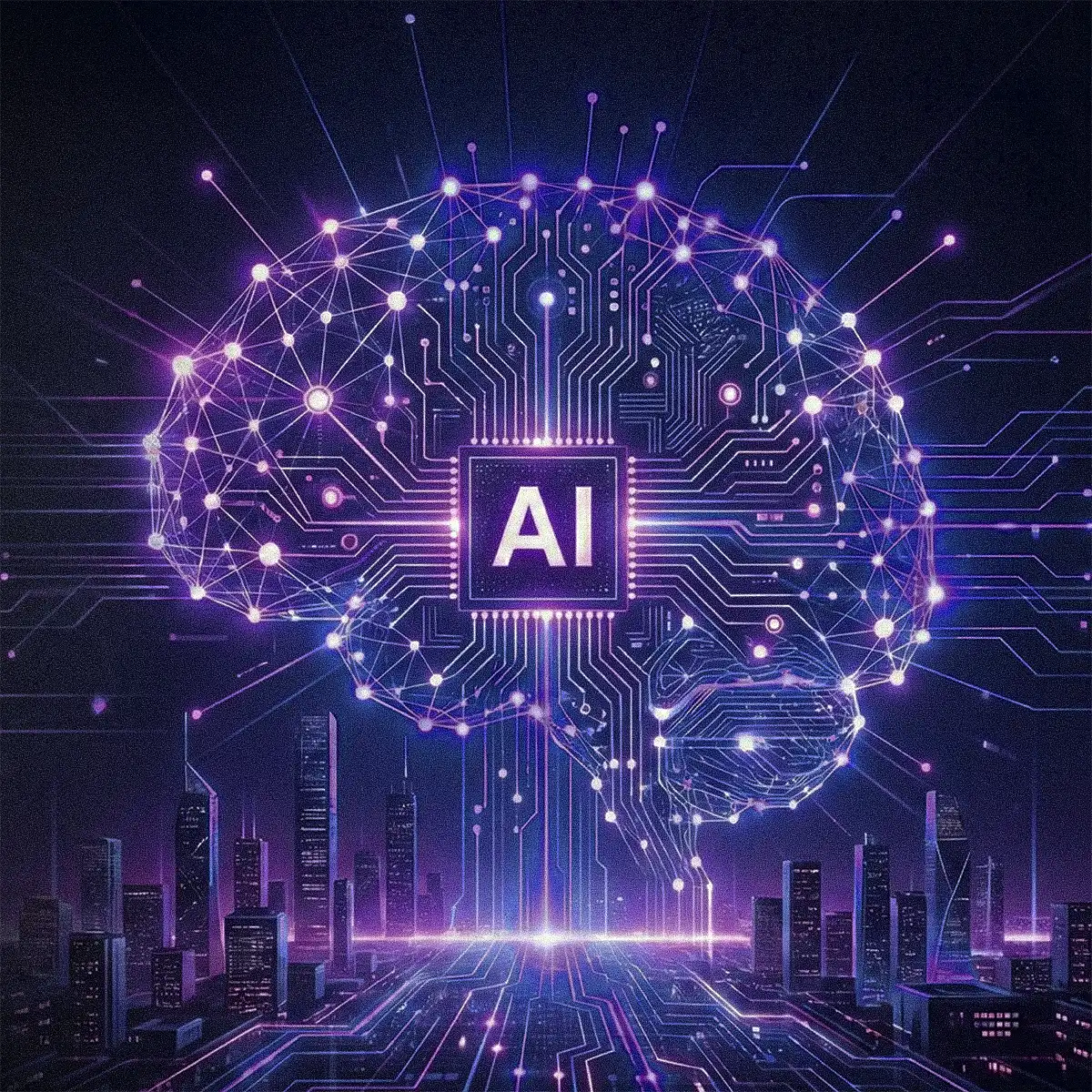 Glowing digital brain with an AI processor chip and neural network circuits hovering over a futuristic purple skyline.