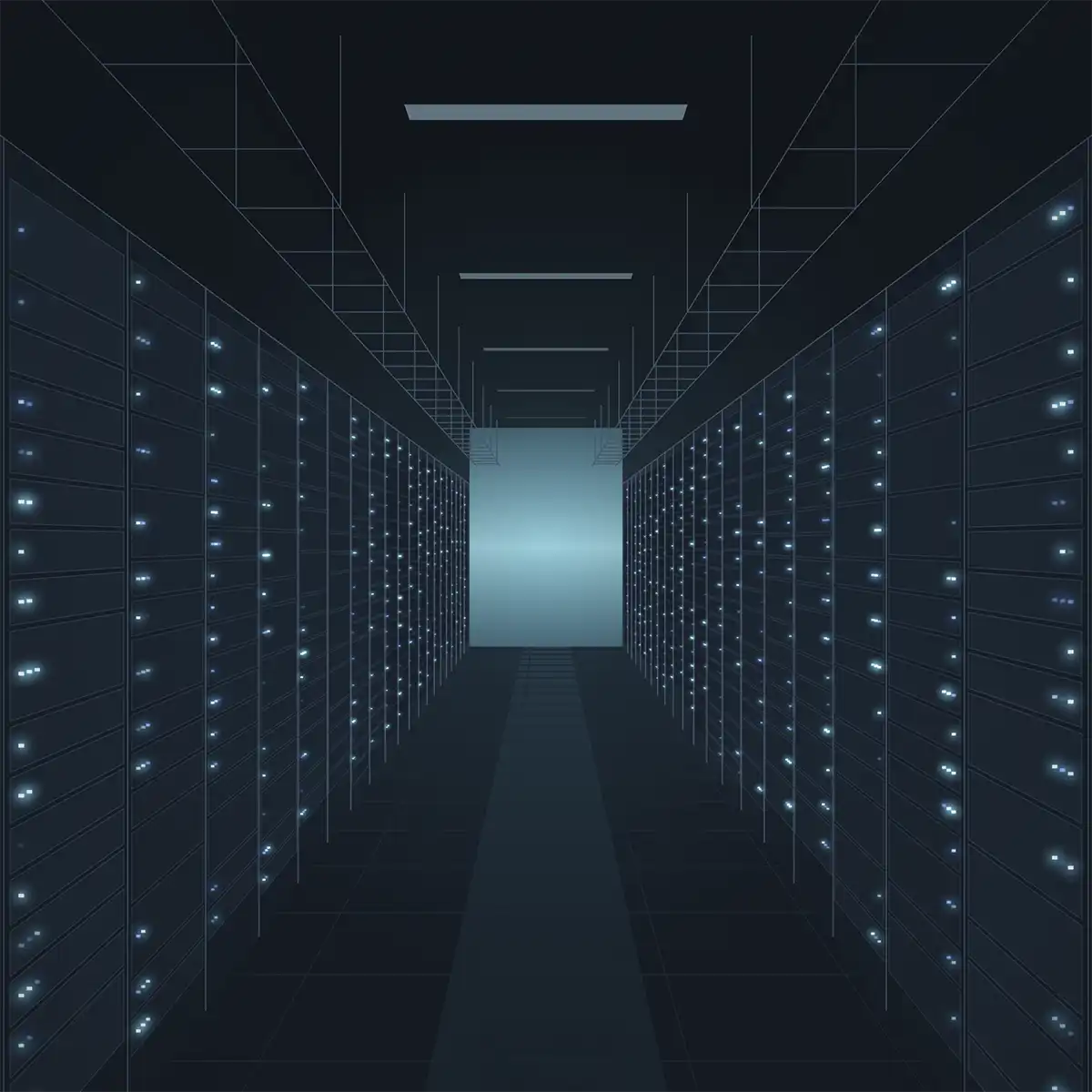 Dimly lit high-performance computing data center hallway lined with tall server racks and glowing indicator lights leading into the distance.