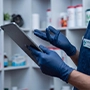 Person holding laptop in a pharmacy setting