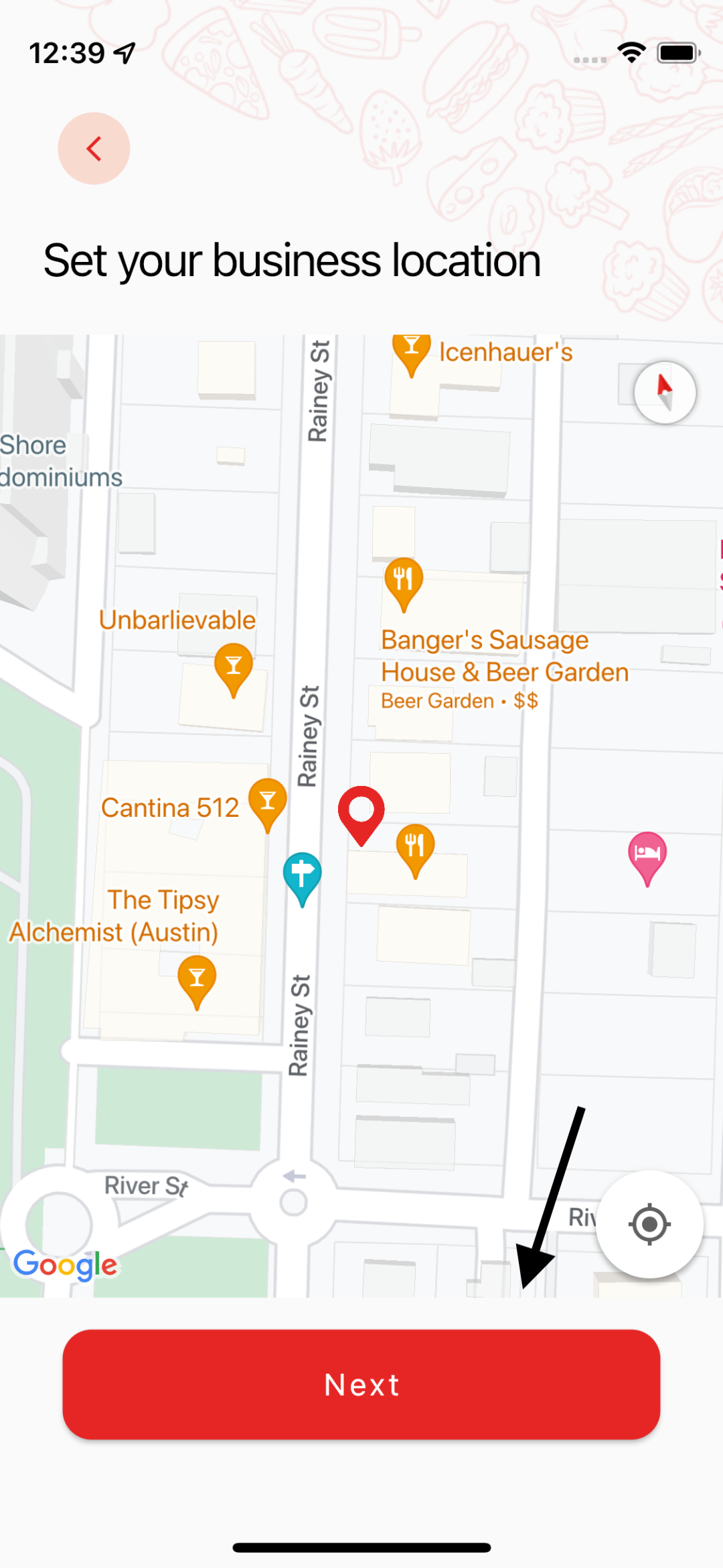 Hangry Food truck and street vendor set location screen.