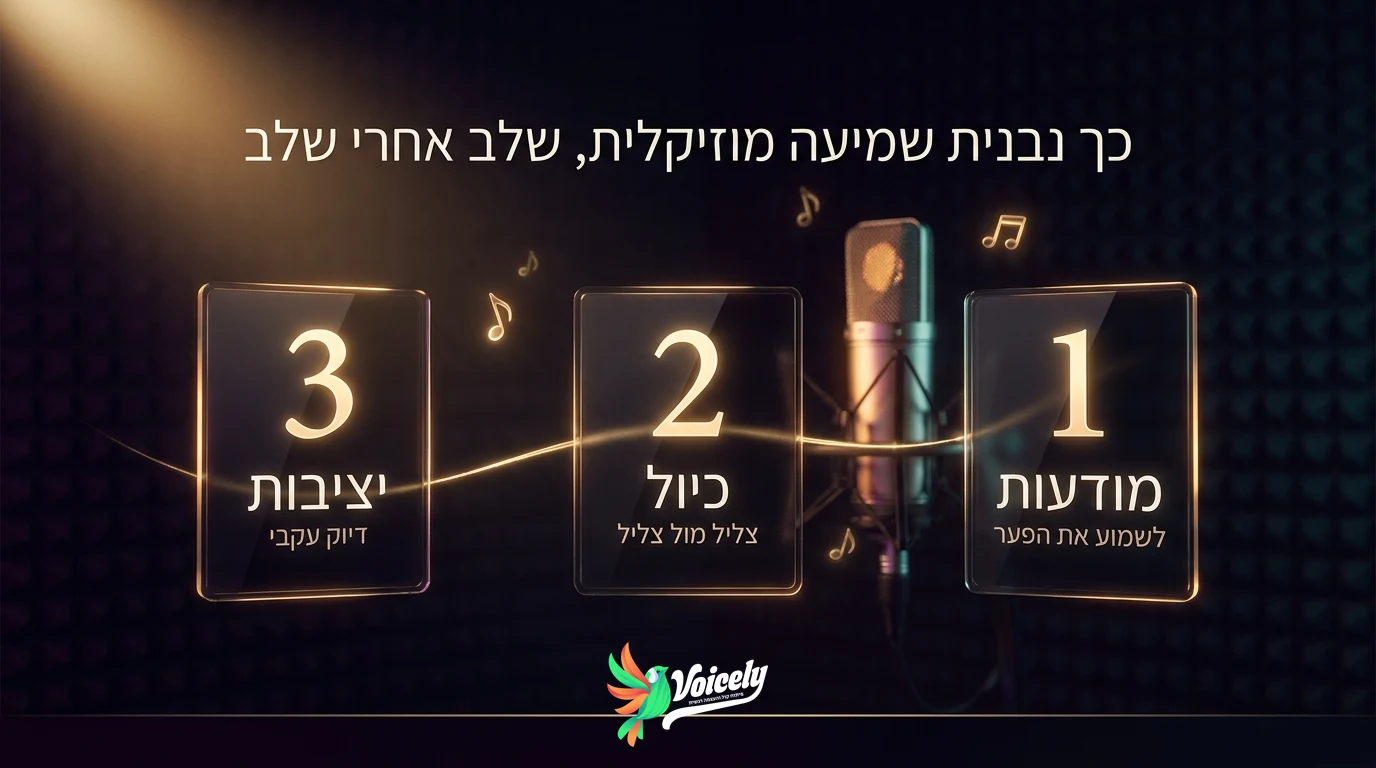 אינפוגרפיקה: שלושת השלבים לבניית שמיעה מוזיקלית בשיעור פיתוח קול - שלב המודעות (לשמוע את הפער), שלב הכיול (צליל מול צליל), שלב היציבות (דיוק עקבי)