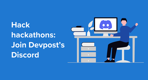 White text on a bright blue background that reads "Hack hackathons: Join Devpost's Discord" next to an illustration of a man sitting in front of a computer that has the Discord logo on the screen