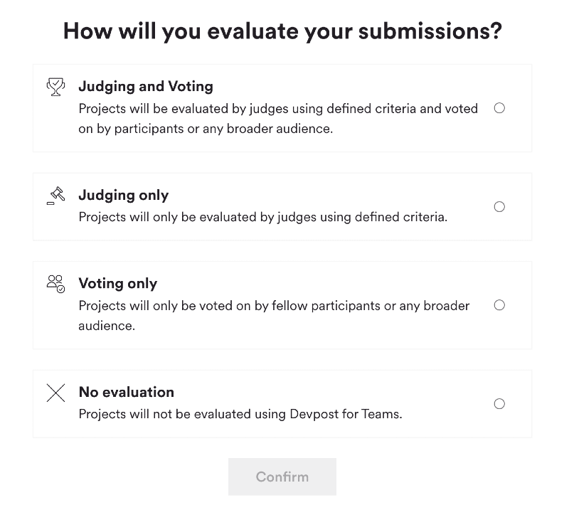 A screenshot showing the options of how to evaluation project submissions on Devpost for Teams