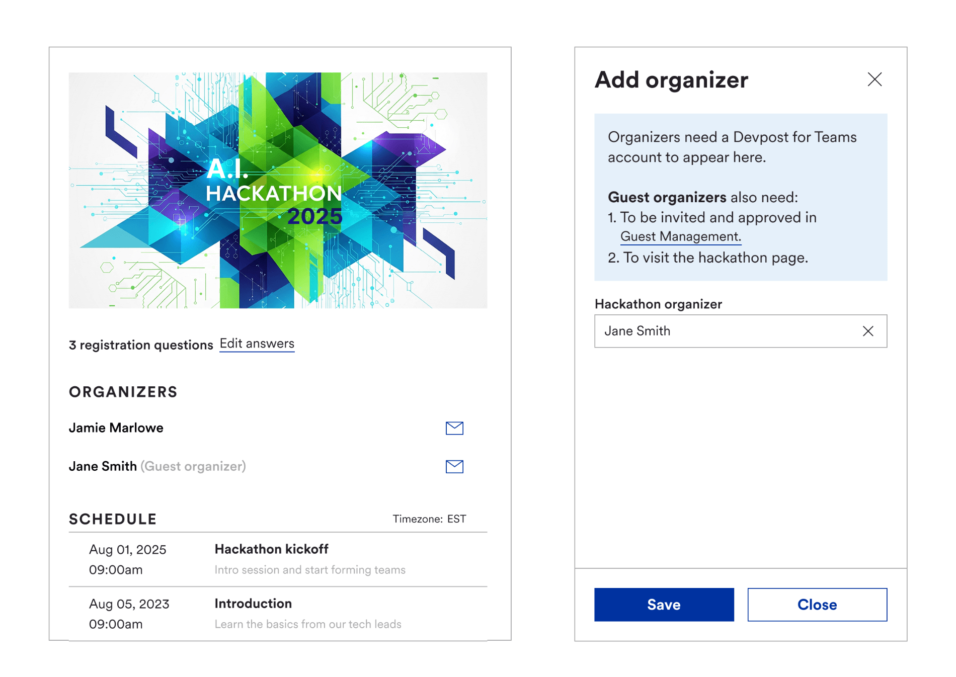 Screenshot of Devpost for Teams UI showing how to add a guest organizer to a hackathono