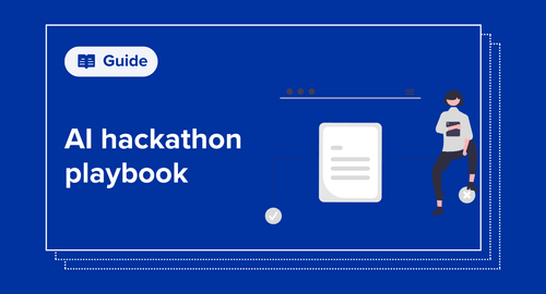 "AI hackathon playbook" written next to an abstract image of a person sitting next to a computer screen
