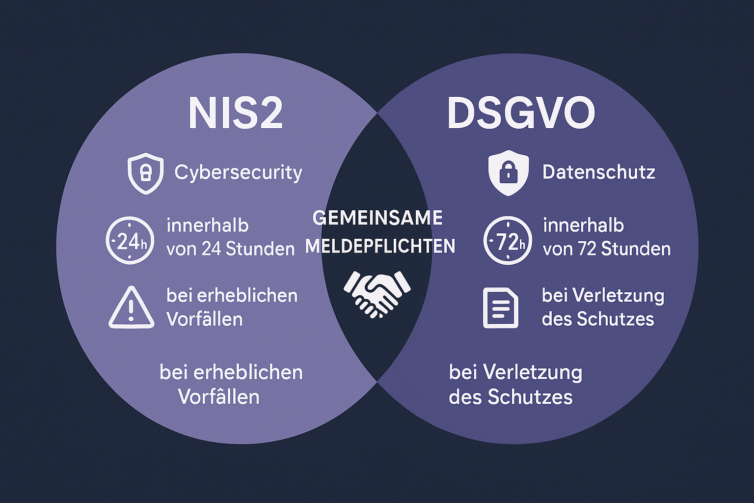 Diese Gegenüberstellung erleichtert das Verständnis der Unterschiede und Gemeinsamkeiten der Meldepflichten nach NIS2 und DSGVO und bleibt dadurch besonders im Gedächtnis.