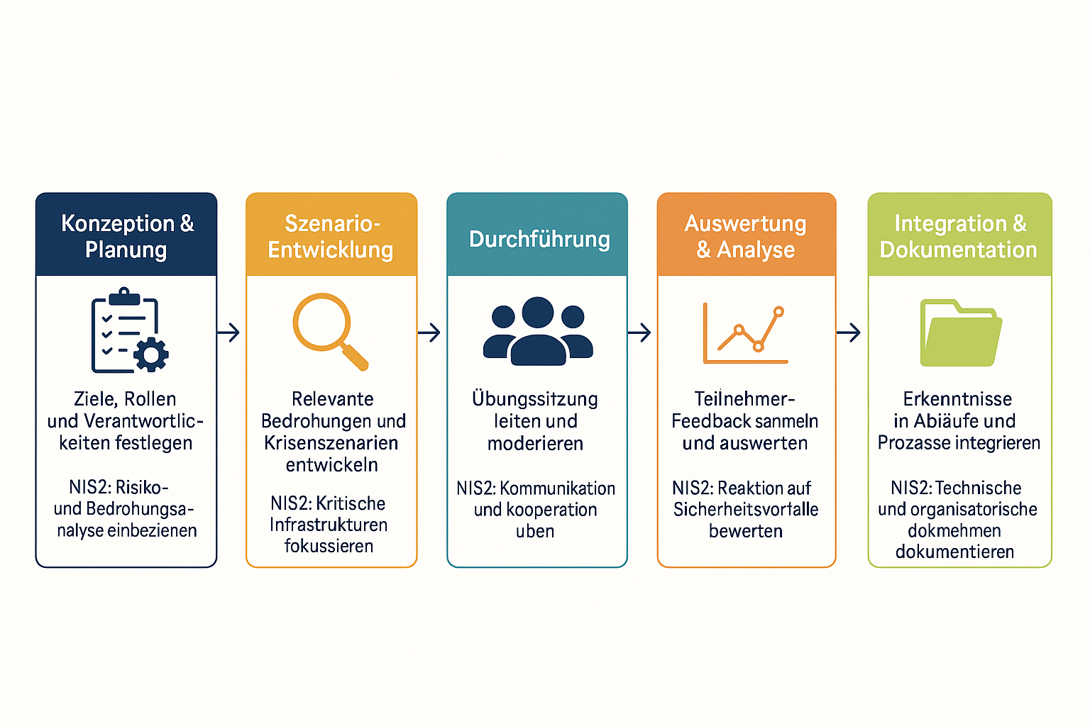 Dieses Flussdiagramm erklärt Schritt für Schritt, wie eine Tabletop-Übung gestaltet wird, um NIS2-Anforderungen wirksam zu erfüllen und den Business Continuity Plan zu optimieren.