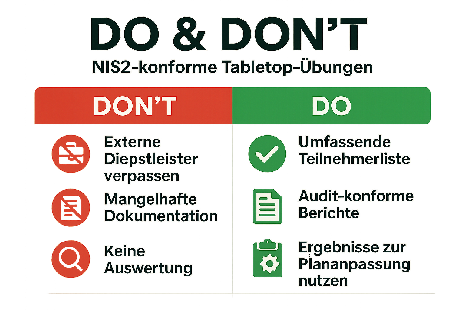 Diese Infografik hilft, typische Stolperfallen bei Tabletop-Übungen zu erkennen und zeigt bewährte Methoden für nachhaltige NIS2-Konformität und kontinuierliche Verbesserung.