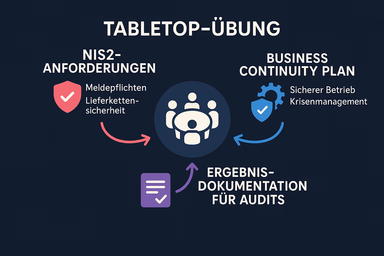 Diese Visualisierung zeigt, wie Tabletop-Übungen im NIS2-Kontext zentrale Anforderungen des Business Continuity Managements, gesetzliche Pflichten und Auditnachweise miteinander verbinden.