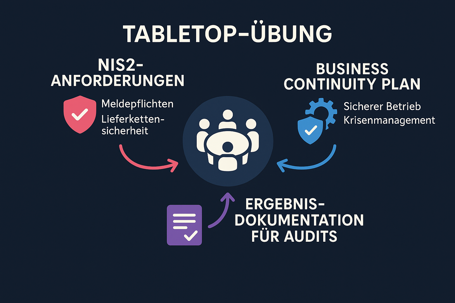 Diese Visualisierung zeigt, wie Tabletop-Übungen im NIS2-Kontext zentrale Anforderungen des Business Continuity Managements, gesetzliche Pflichten und Auditnachweise miteinander verbinden.