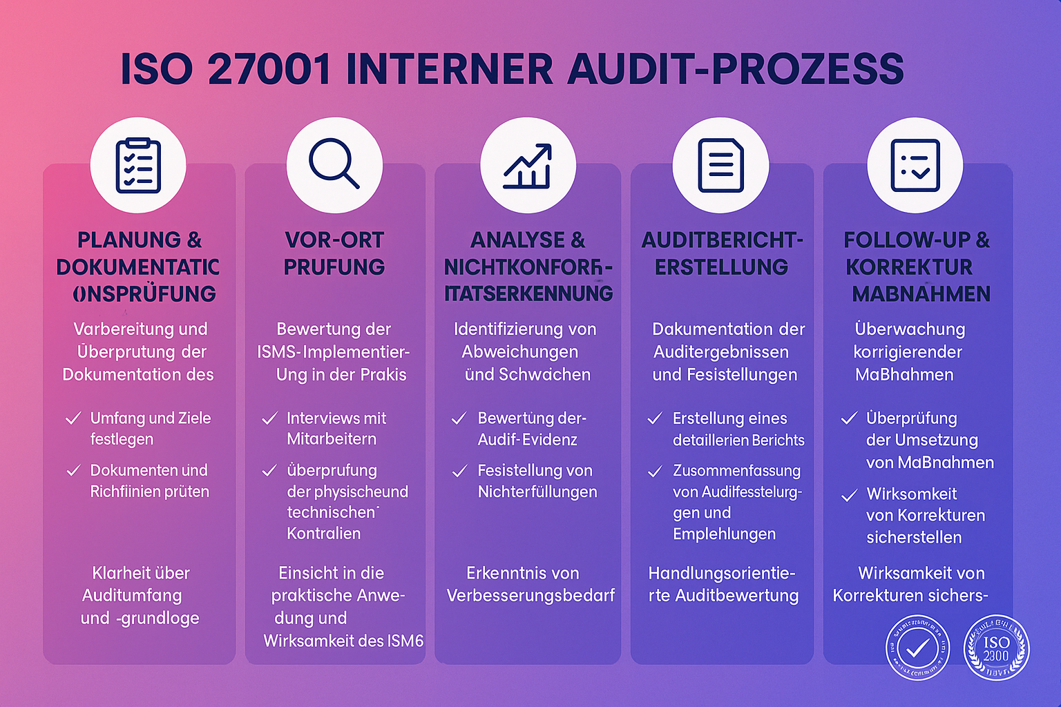 Vergleichen Sie auf einen Blick alle Phasen des ISO 27001 Audits und verstehen Sie schnell, welche Schritte für Ihren Erfolg entscheidend sind.