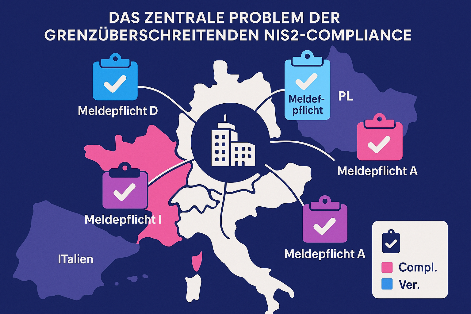 Die Herausforderung der grenzüberschreitenden NIS2-Compliance: Unterschiedliche gesetzliche Anforderungen in EU-Ländern machen die Einhaltung komplex und erfordern eine zentrale Steuerung.