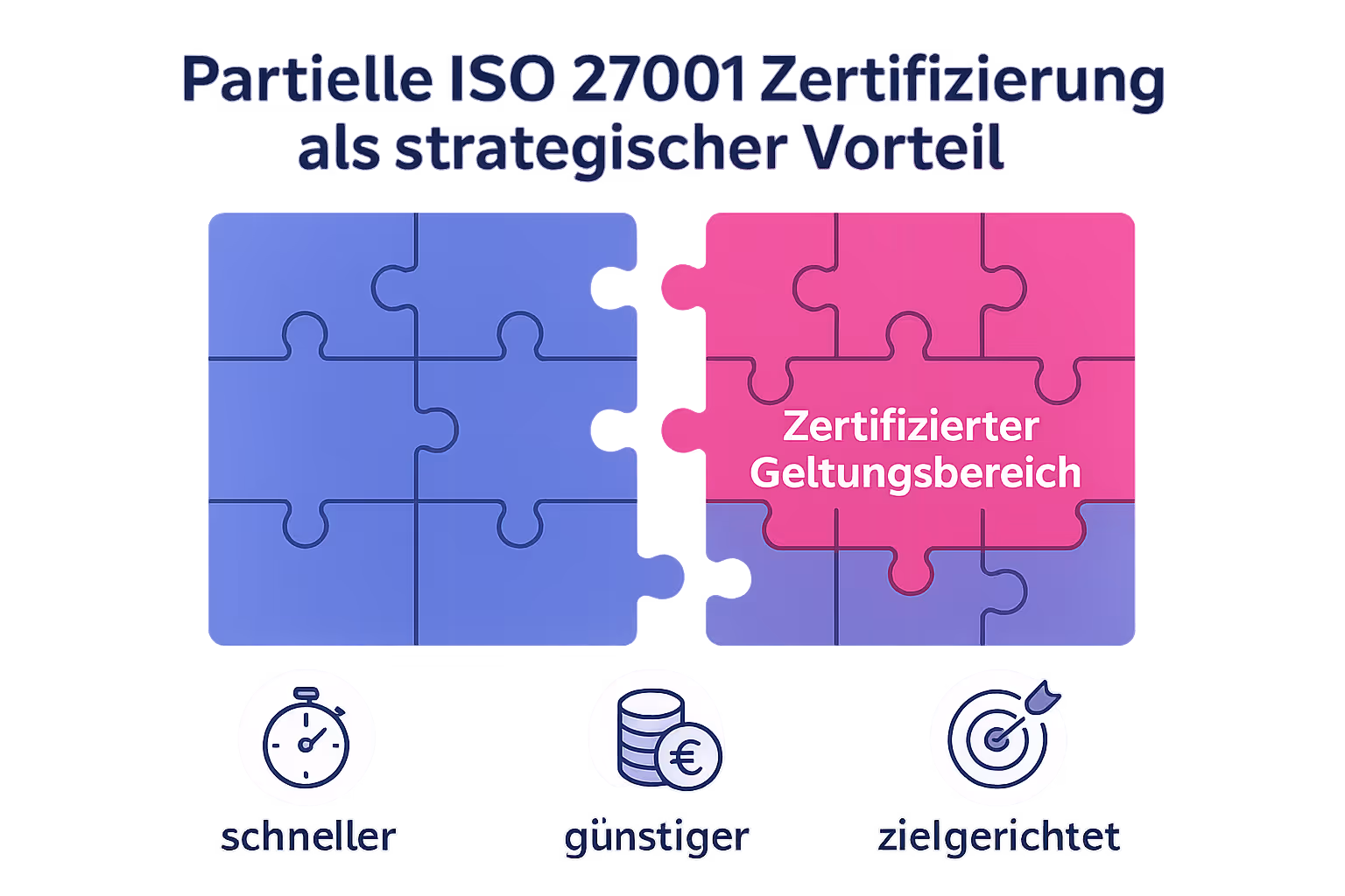 Diese Grafik macht sichtbar, wie die partielle ISO 27001 Zertifizierung gezielt Zeit und Kosten spart und den Fokus auf geschäftskritische Bereiche lenkt.