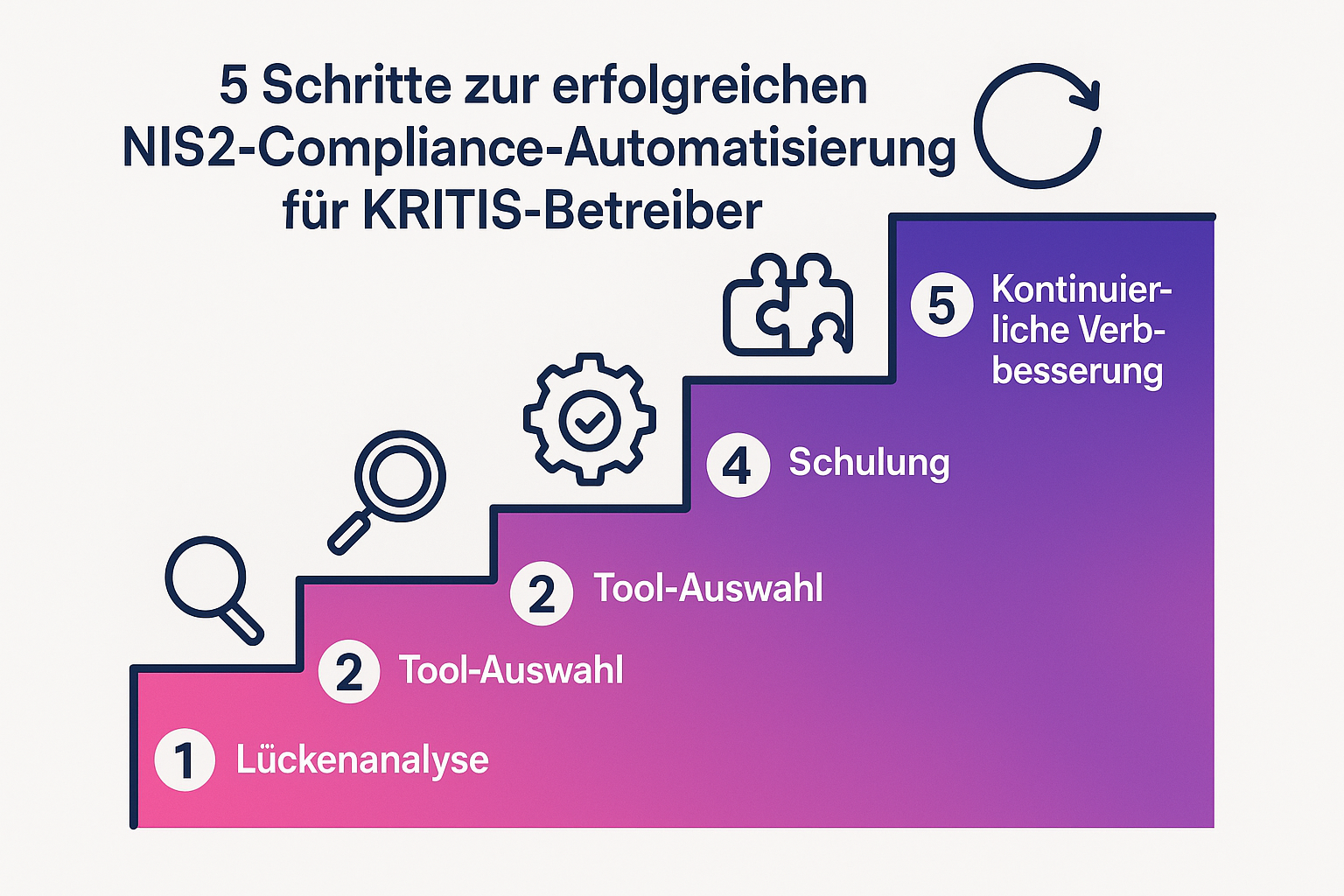Diese Infografik fasst die wichtigsten Schritte zur erfolgreichen Automatisierung der NIS2-Compliance zusammen und dient als leicht merkbare Orientierungshilfe für KRITIS-Betreiber.