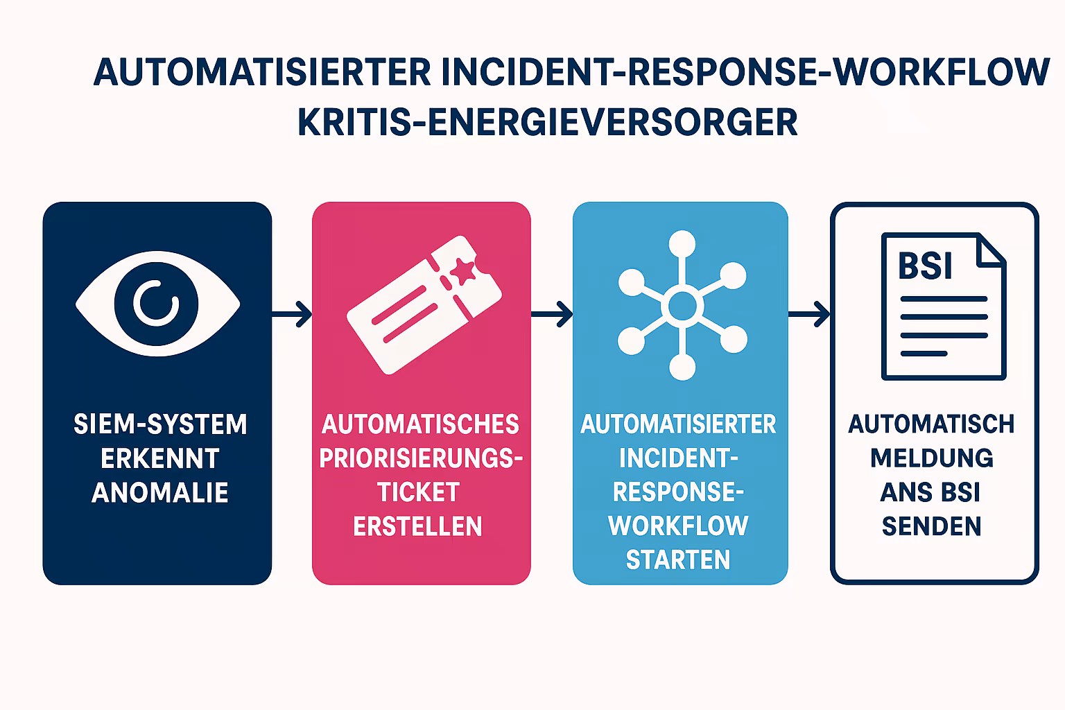 Diese Prozessgrafik vermittelt anschaulich, wie ein automatisierter Incident-Response-Workflow in einem Energiesektor-KRITIS-Betreiber funktioniert – von der Erkennung bis zur Meldung an die Aufsichtsbehörde.