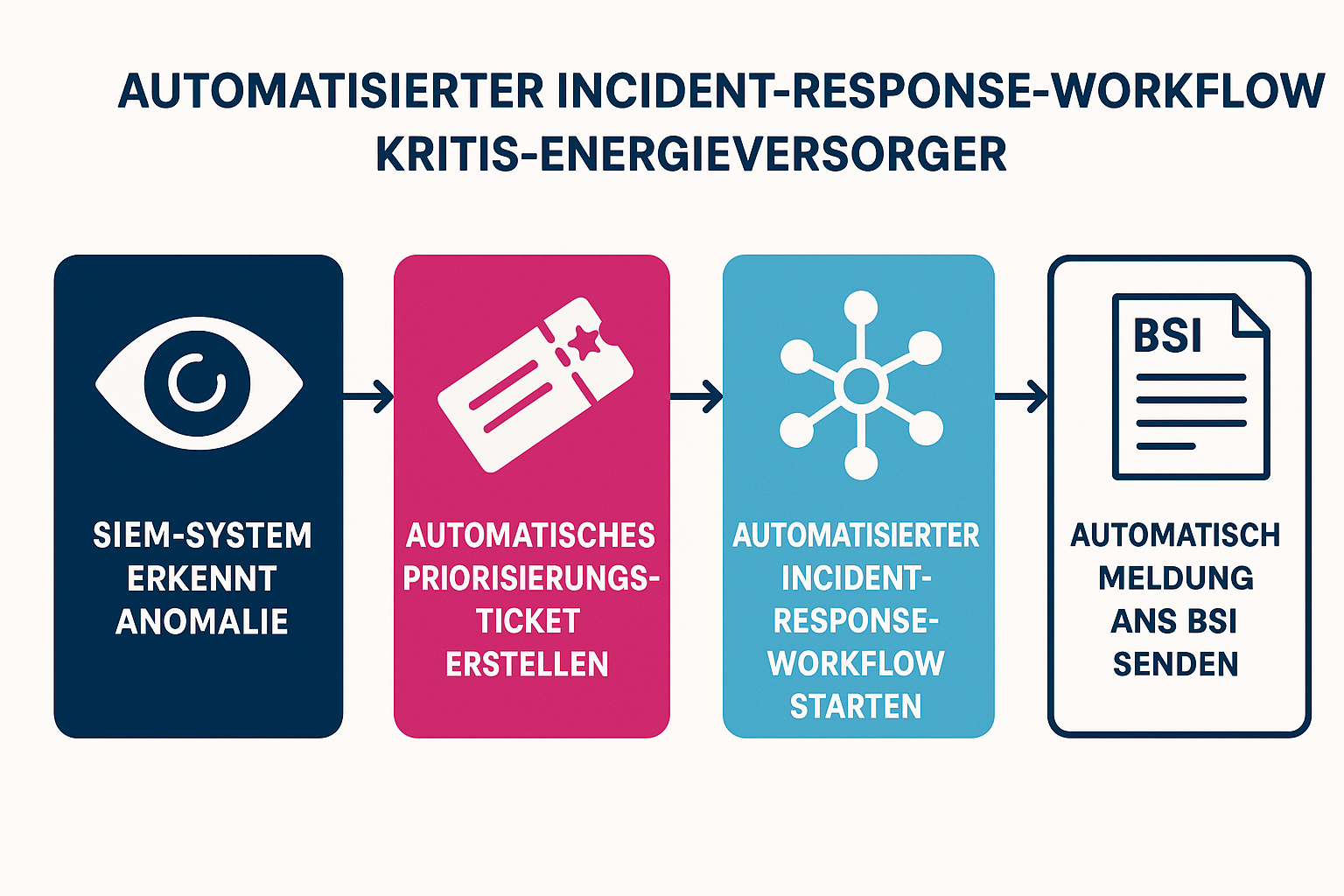 Diese Prozessgrafik vermittelt anschaulich, wie ein automatisierter Incident-Response-Workflow in einem Energiesektor-KRITIS-Betreiber funktioniert – von der Erkennung bis zur Meldung an die Aufsichtsbehörde.