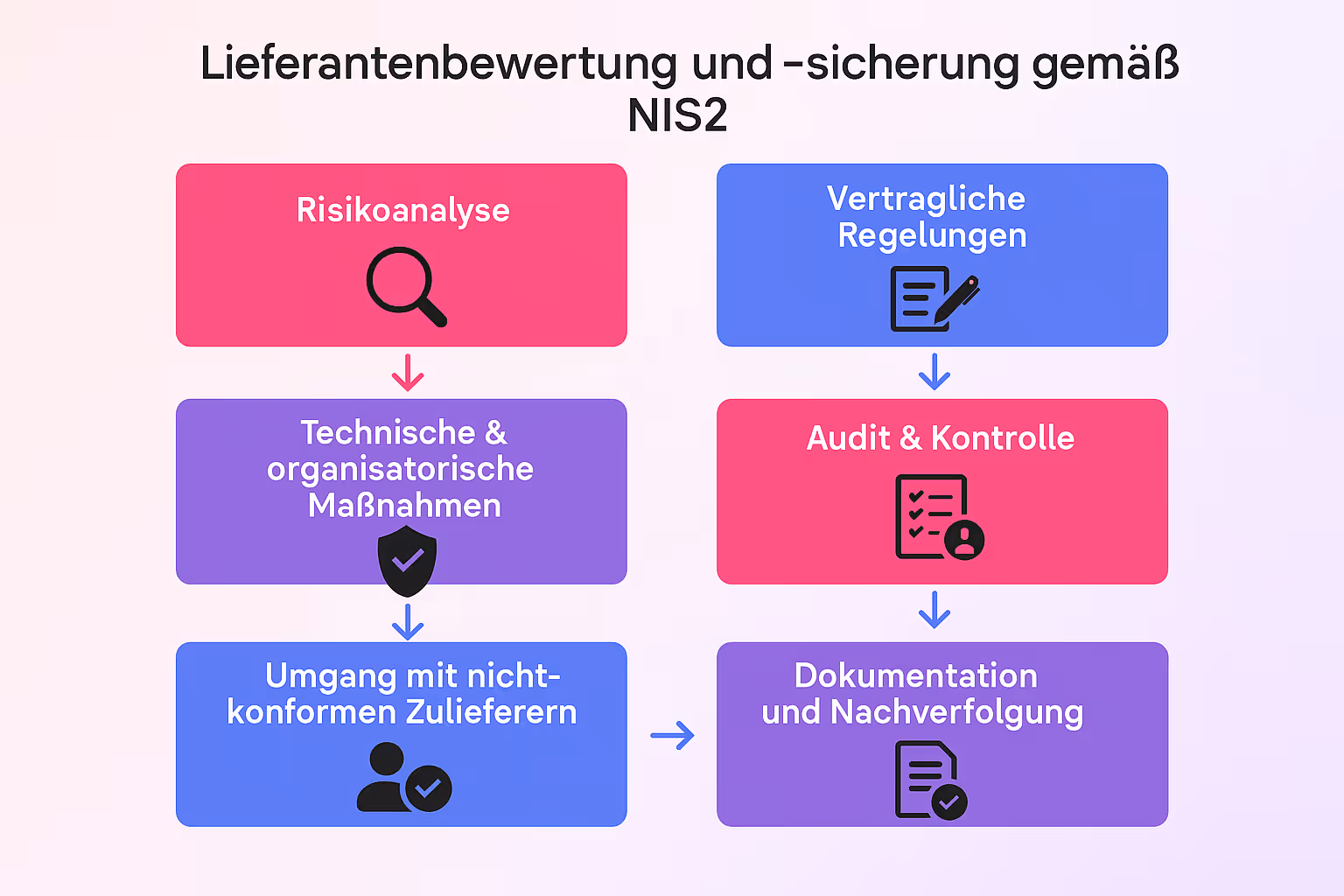 Dieser Ablaufplan zeigt Schritt für Schritt, wie Unternehmen ihre Lieferanten sicher und regelkonform nach NIS2 bewerten, absichern und kontrollieren können.