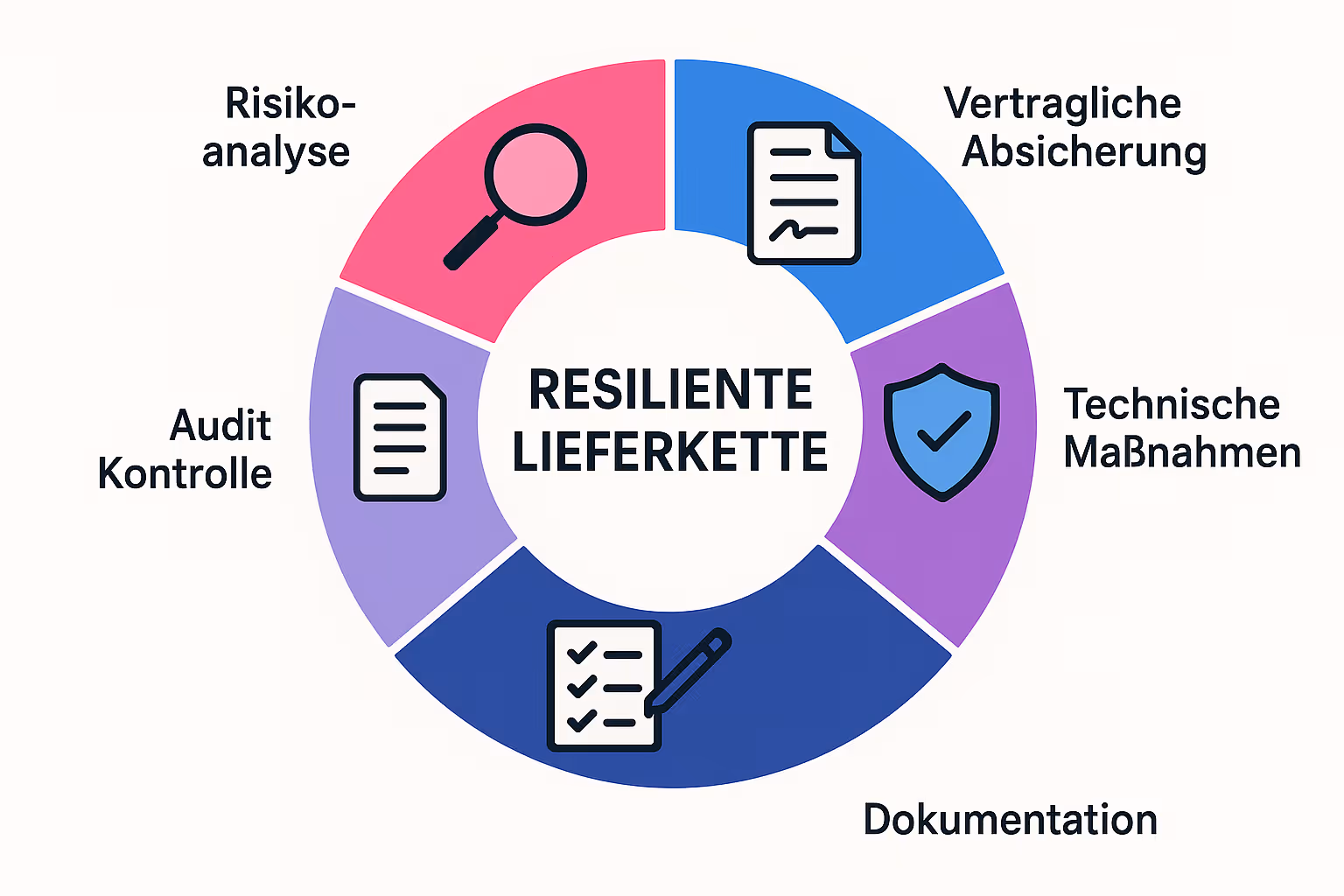 Dieser Merkkreis fasst die zentralen Pflichten zur Sicherung der Lieferkette nach NIS2 zusammen und dient als schnelles Nachschlagewerk zur Erinnerung.