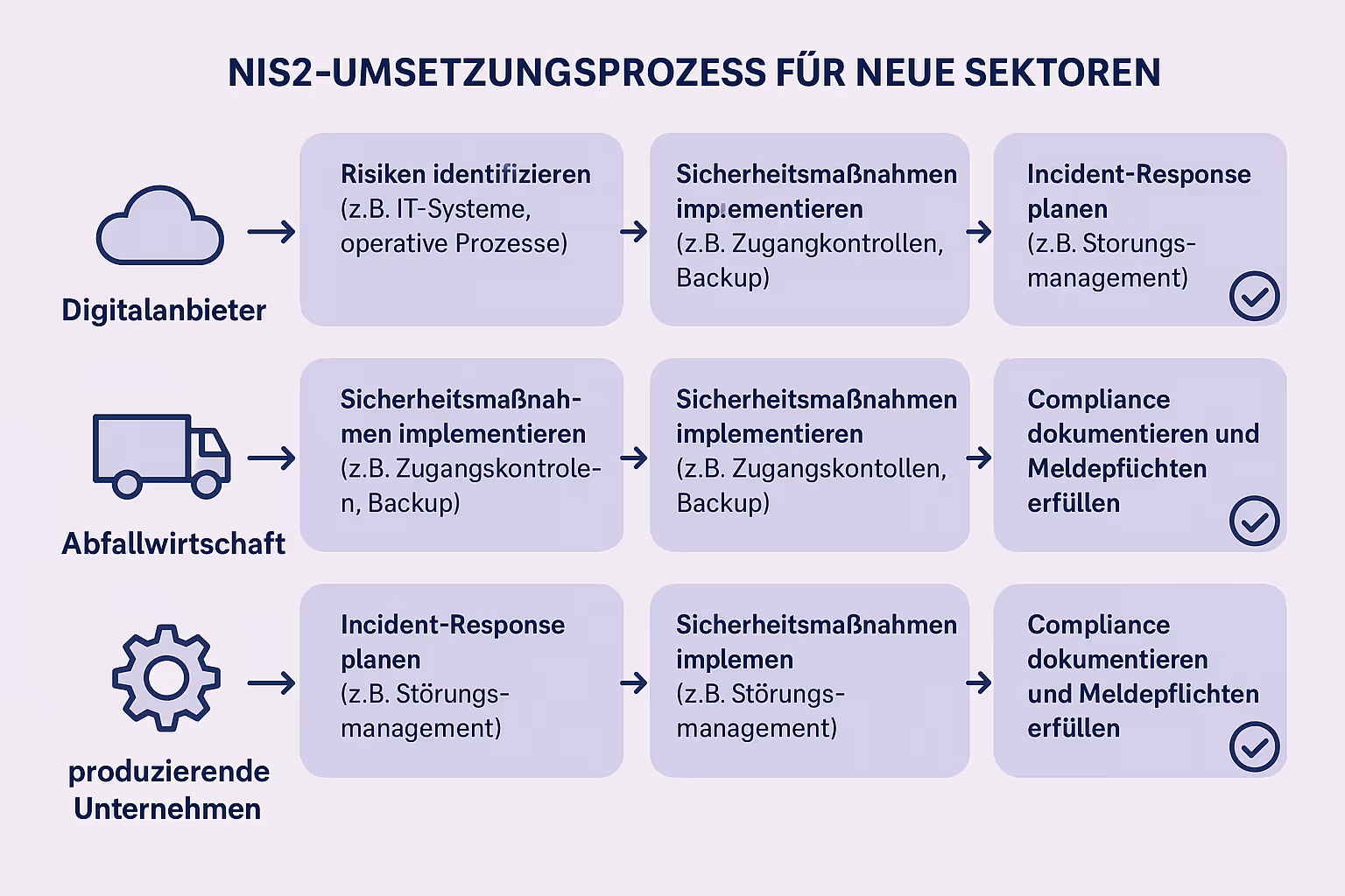 Dieser Ablaufplan zeigt die wichtigsten Schritte zur Umsetzung der NIS2-Richtlinie in den neuen Sektoren Digitalanbieter, Abfallwirtschaft und Produktion und unterstützt Unternehmen bei der praktischen Umsetzung ihrer Pflichten.