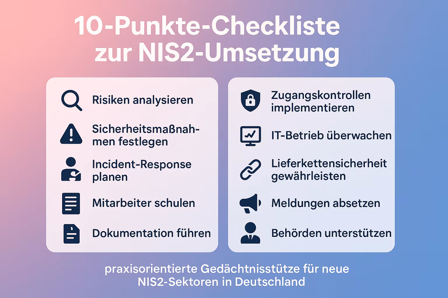 Diese 10-Punkte-Checkliste fasst die wichtigsten Pflichten der NIS2-Richtlinie für neue Branchen zusammen und dient als praktische Gedächtnisstütze zur Umsetzung der Anforderungen.