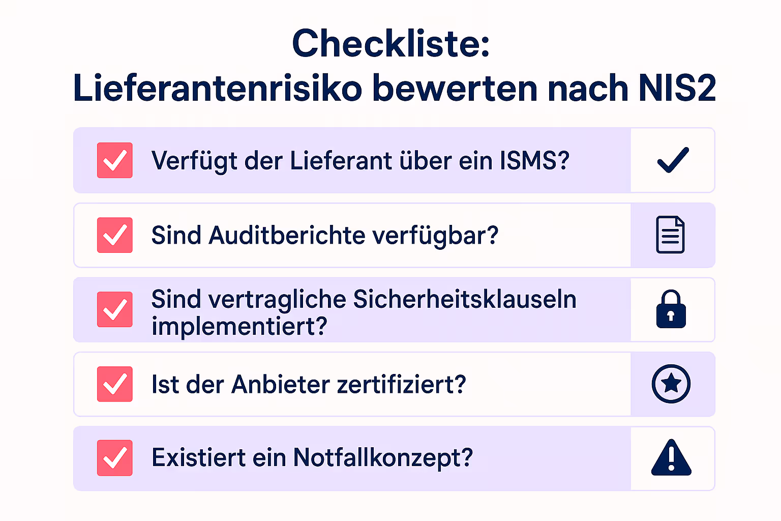 Diese Checkliste hilft, die wichtigsten Kriterien zur Bewertung von Dienstleistern und Zulieferern im NIS2-Kontext schnell zu erfassen und anzuwenden.