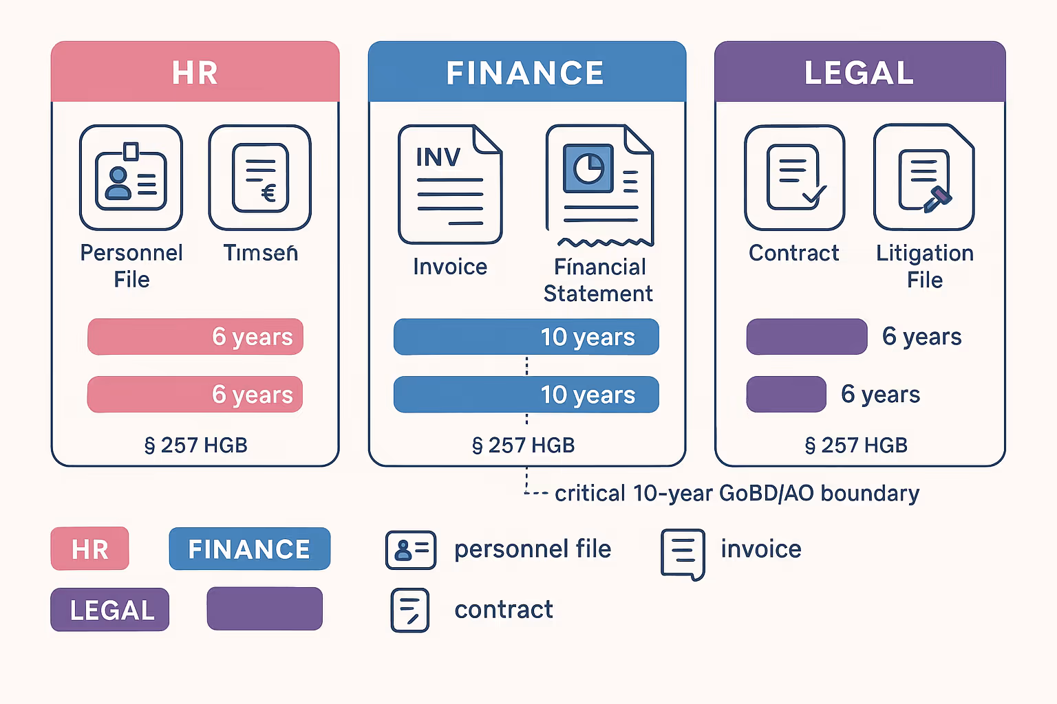 Diese Vergleichstabelle visualisiert die Aufbewahrungsfristen für verschiedene Dokumententypen im HR-, Finanz- und Rechtsbereich und unterstützt das Verständnis der gesetzlichen Vorgaben im DACH-Raum.