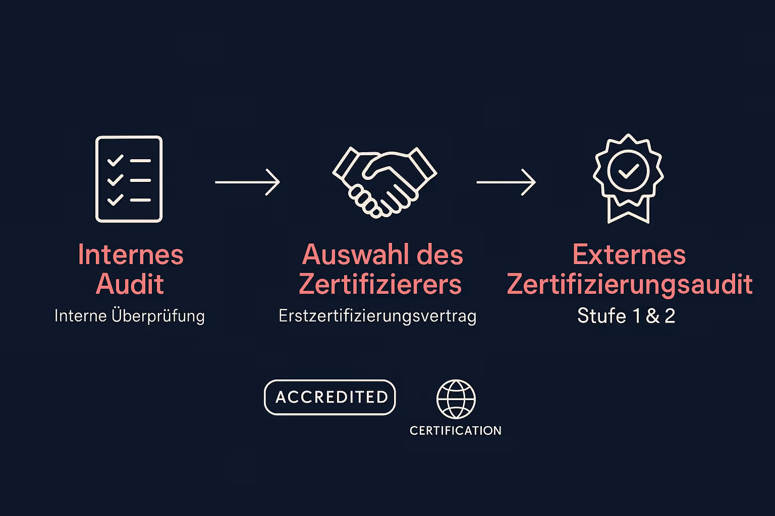 Veranschaulicht klar die notwendigen offiziellen Schritte der Zertifizierung und schafft Vertrauen durch Transparenz im Prozess.