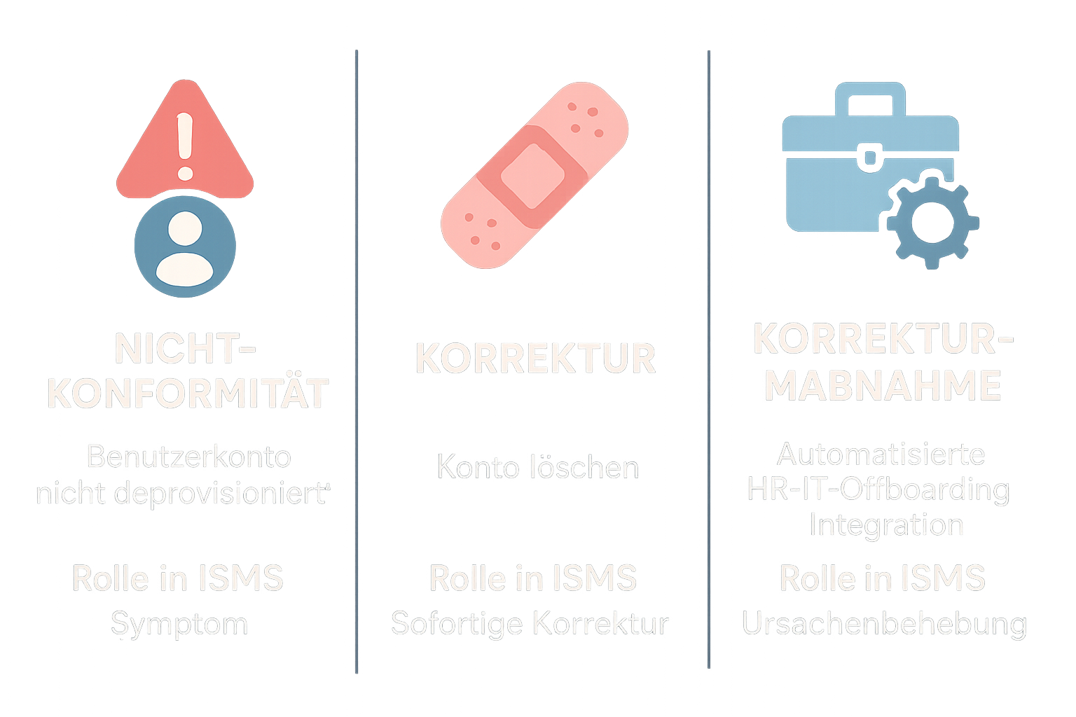 Ein Schaubild, das den Unterschied zwischen Nichtkonformität, Korrektur und Korrekturmaßnahme veranschaulicht. Eine Person hat Zahnschmerzen (Symptom/Nichtkonformität). Eine Schmerztablette (Pflaster/Korrektur) lindert den Schmerz kurzfristig. Der Zahnarztbesuch (Arzt/Korrekturmaßnahme) behebt die Ursache dauerhaft.