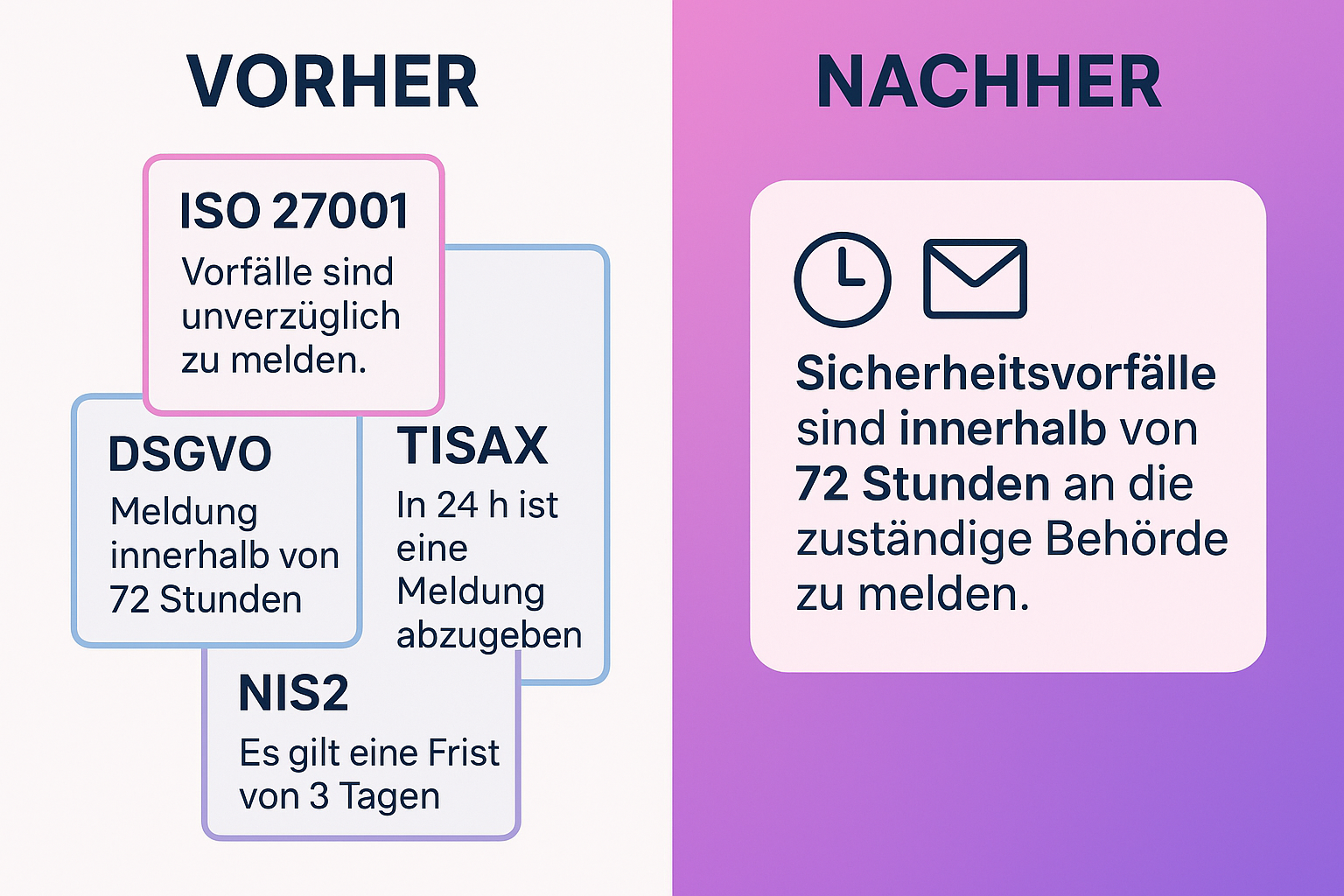Diese Infografik zeigt, wie mehrere fragmentierte Incident-Reporting-Richtlinien verschiedener Frameworks in eine klare, harmonisierte Richtlinie überführt werden, die allen Anforderungen gerecht wird.