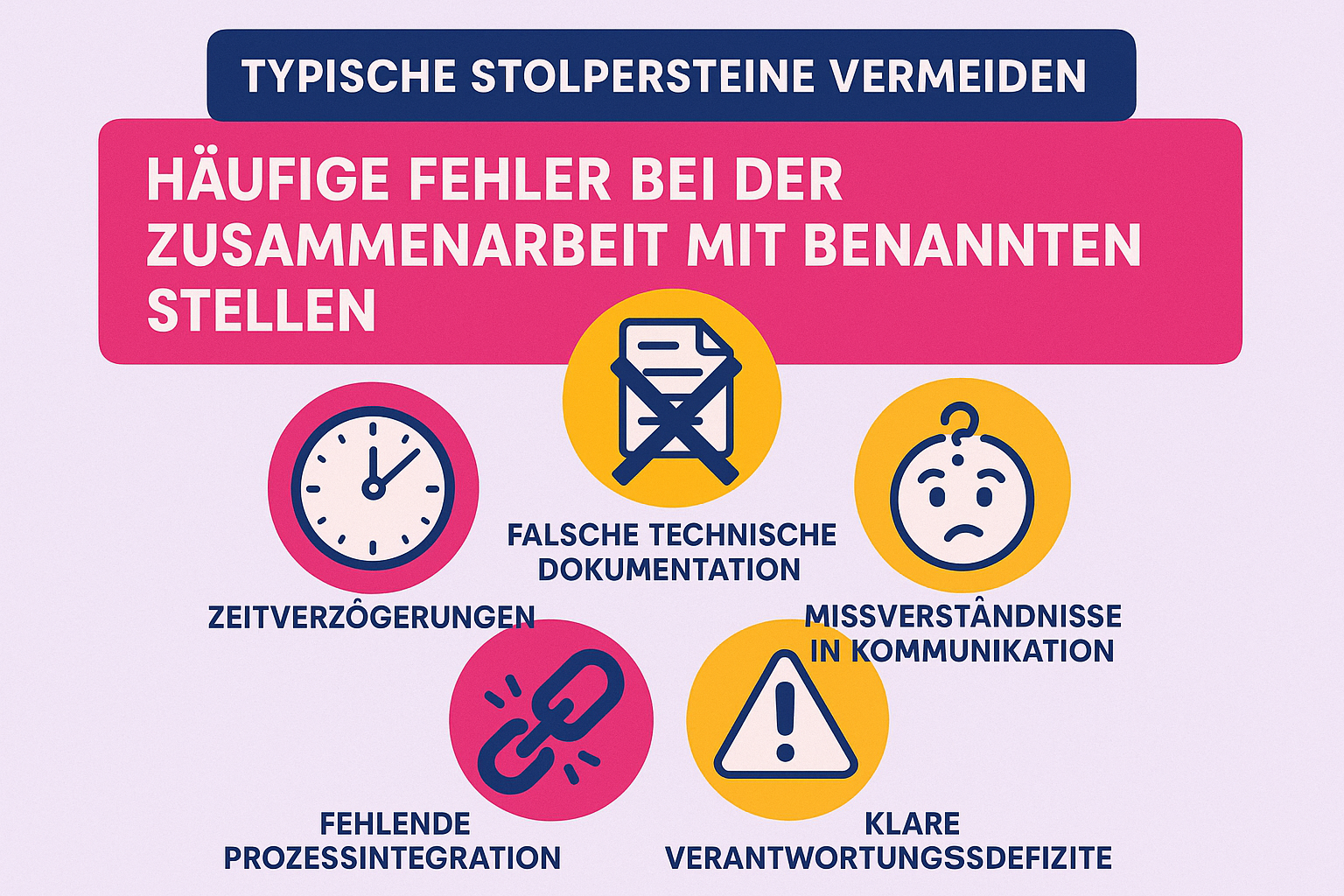 Eine Grafik mit drei Symbolen, die häufige Fehler darstellen: Ein zerrissenes Dokument für "Unvollständige Doku", eine Waage im Ungleichgewicht für "Falsche Risikobewertung" und ein leeres Portemonnaie für "Versteckte Kosten".