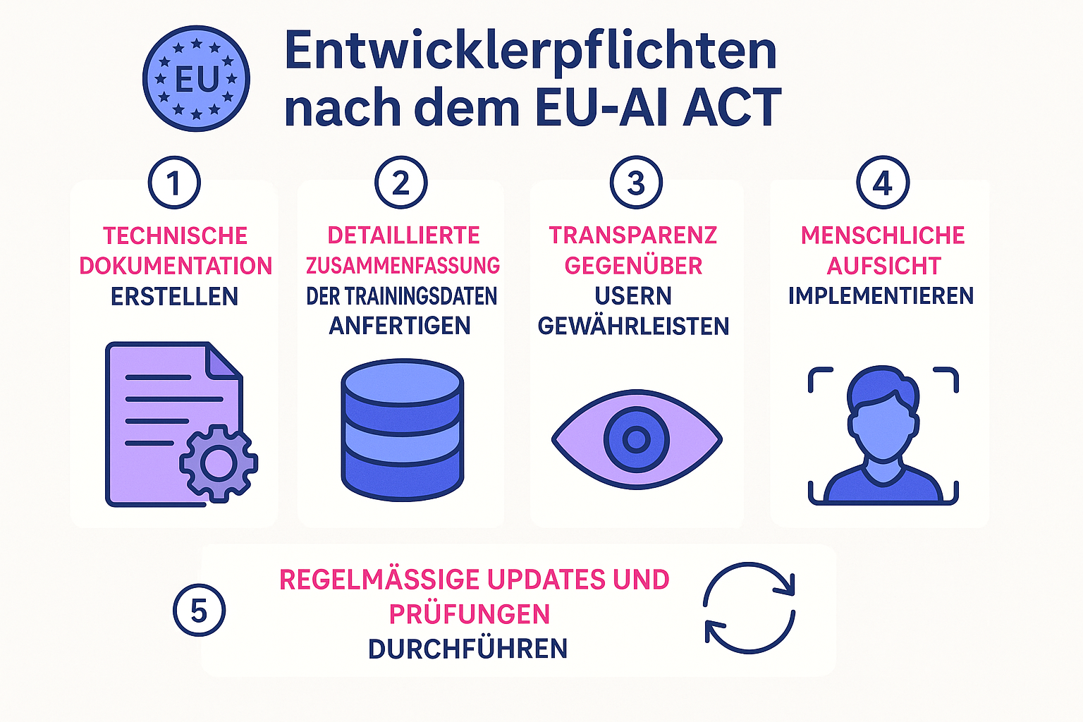 Eine Infografik, die die zentralen Pflichten für Entwickler unter dem EU AI Act zusammenfasst: Transparenz, technische Dokumentation, Risikomanagement und Konformitätsbewertung.
