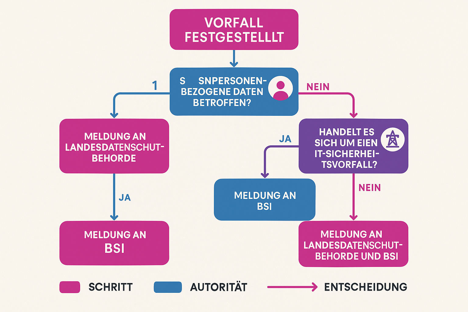 Entscheidungsbaum zeigt Schritt-für-Schritt, welche deutsche Behörde bei einem Sicherheits- oder Datenschutzvorfall kontaktiert werden muss – reduziert Unsicherheit und erhöht Compliance.