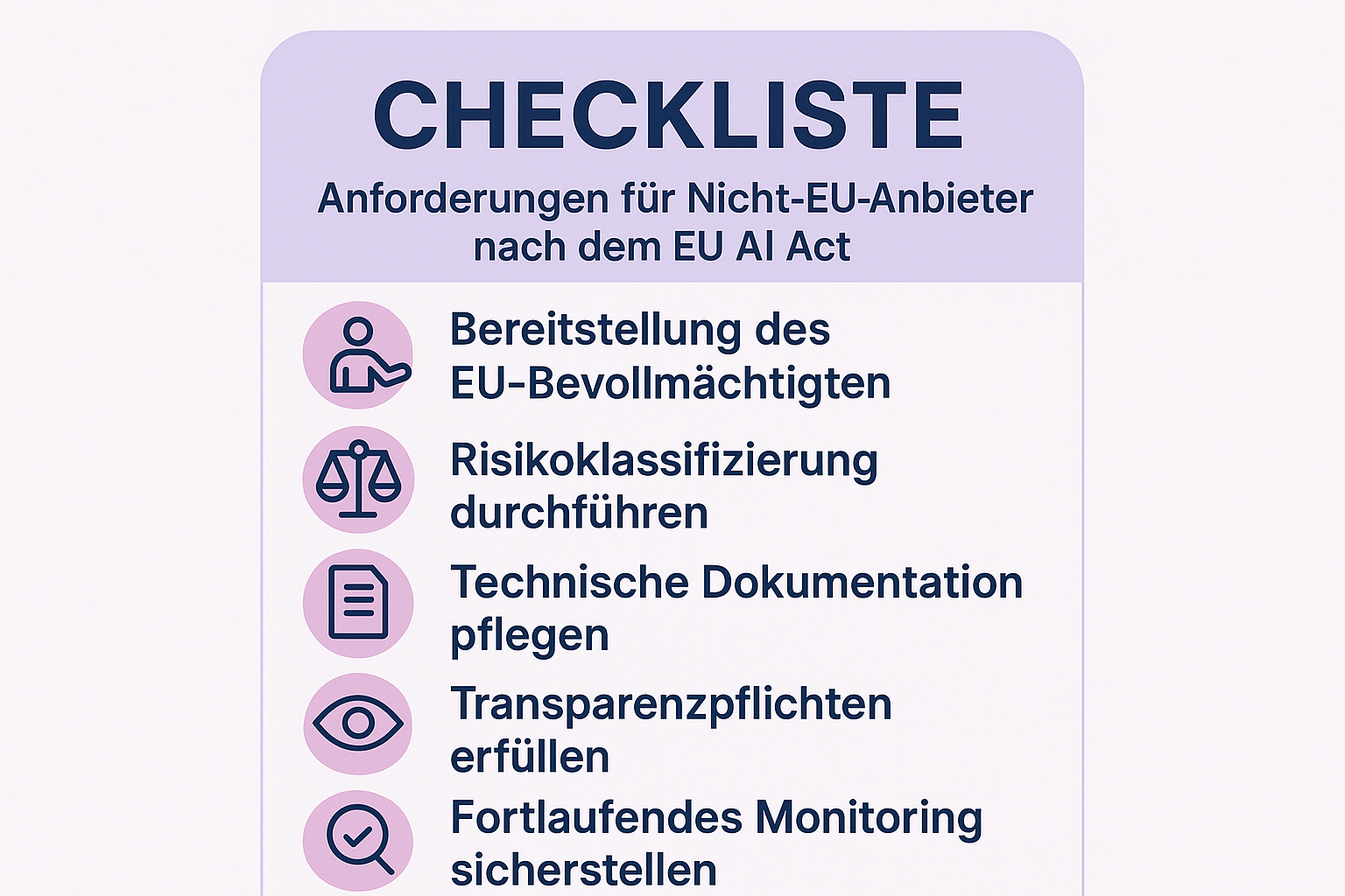 Essenzielle Compliance-Checkliste für Nicht-EU KI-Anbieter: Schlüsselpunkte auf den Blick, um den EU AI Act sicher einzuhalten.