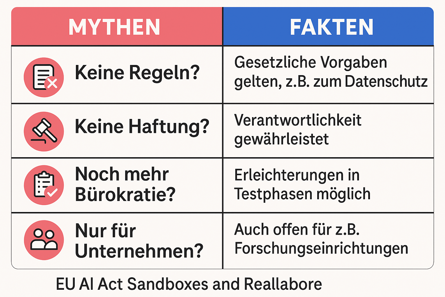 Diese ‚Mythos vs. Realität‘-Tabelle räumt häufige Missverständnisse aus dem Weg und zeigt verlässlich die tatsächlichen Bedingungen von Sandboxes im EU AI Act.