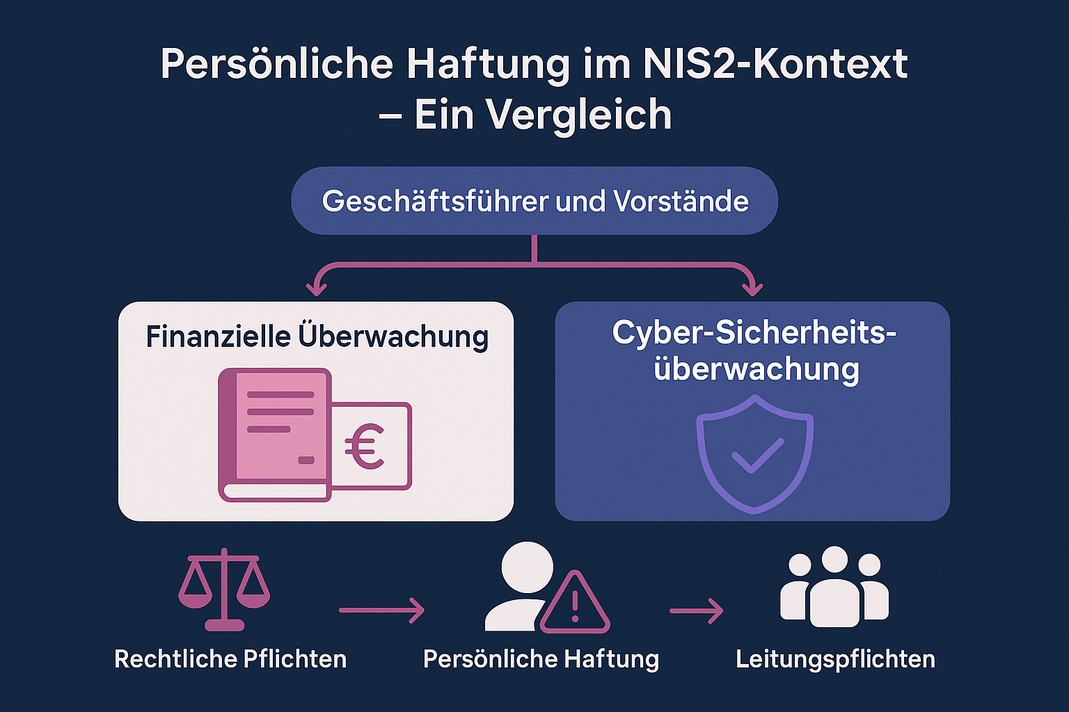 Diese Visualisierung nutzt die vertraute Finanzaufsicht als Metapher, um das Konzept der persönlichen Haftung unter NIS2 verständlich zu machen. Sie zeigt, dass Geschäftsführer keine technischen Experten sein müssen, aber dennoch für Cyber-Risikomanagement verantwortlich sind – ähnlich wie bei finanzieller Verantwortung.