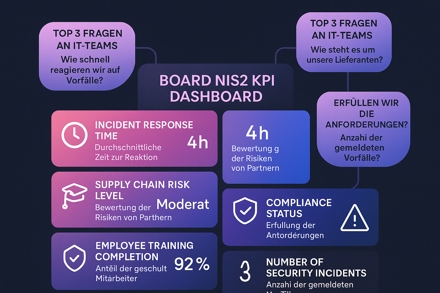 Ein Beispiel für ein Management-Dashboard, das komplexe Sicherheitsdaten in verständliche, geschäftsrelevante KPIs übersetzt, wie z.B. "Risikoreduktion in %", "Reaktionszeit auf kritische Vorfälle" und "Mitarbeiter-Awareness-Score".