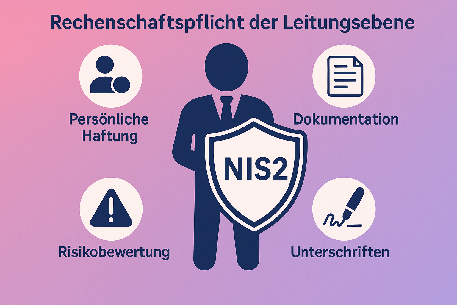 Visualizing die persönliche Rechenschaftspflicht der Leitungsebene unter der NIS2-Richtlinie: Die Führungskraft trägt die Verantwortung für risiko-orientierte Entscheidungen, dokumentiert Maßnahmen prüfbar und sichert das Unternehmen gegen Cyberbedrohungen ab.