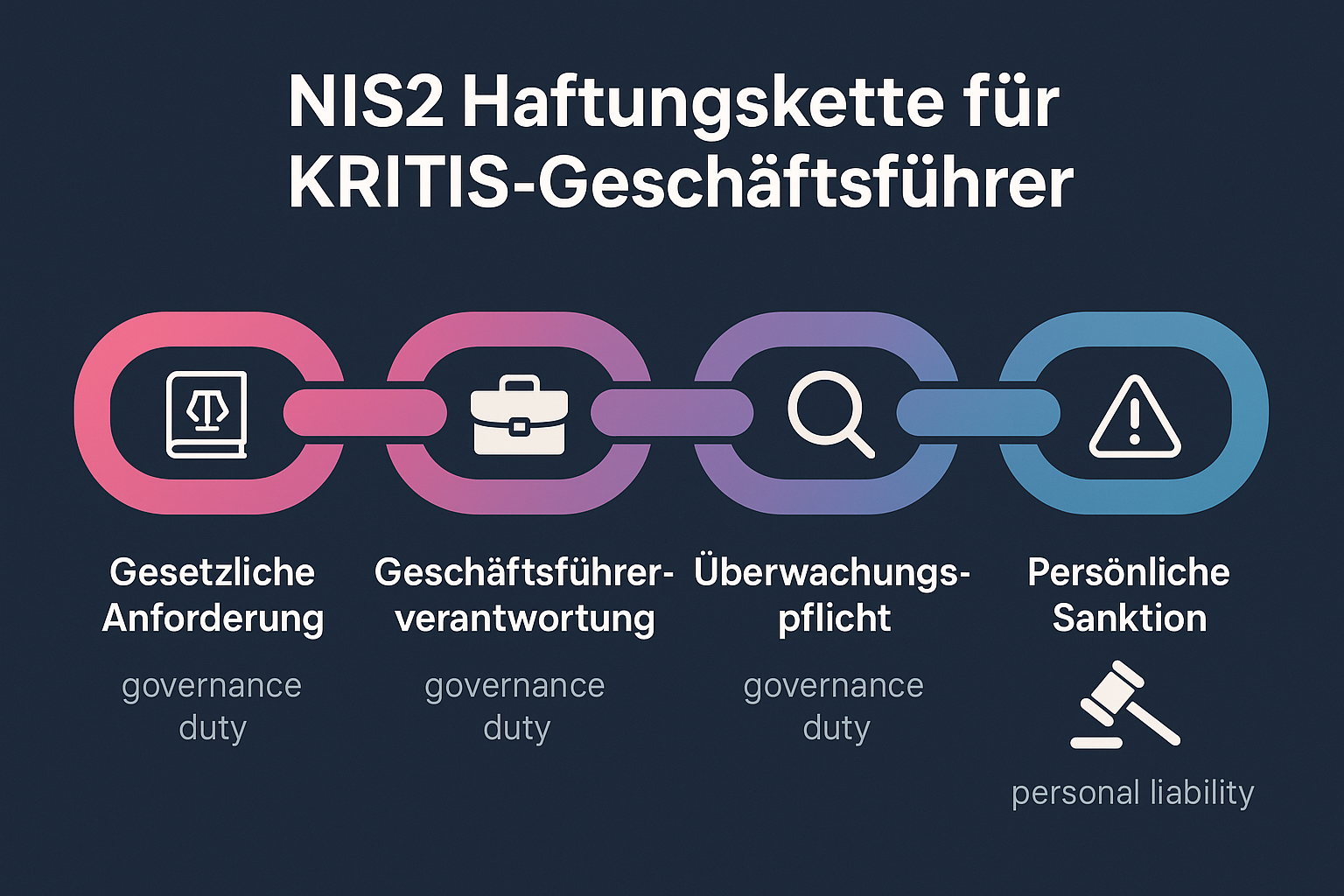 Die Grafik veranschaulicht eindrücklich, wie aus NIS2-Governance-Pflichten konkrete persönliche Haftungsfolgen entstehen – einprägsam für Geschäftsführer, um das Risiko greifbar zu machen.