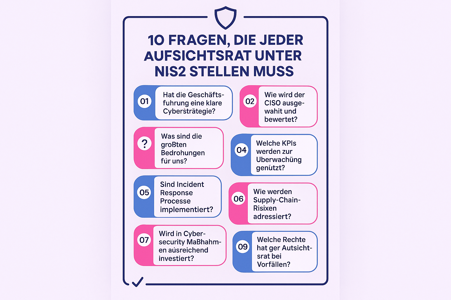Diese Checkliste visualisiert die wichtigsten Fragen, die ein Aufsichtsrat unter NIS2 stellen sollte, um seine Überwachungspflicht effektiv wahrzunehmen und Compliance sicherzustellen.