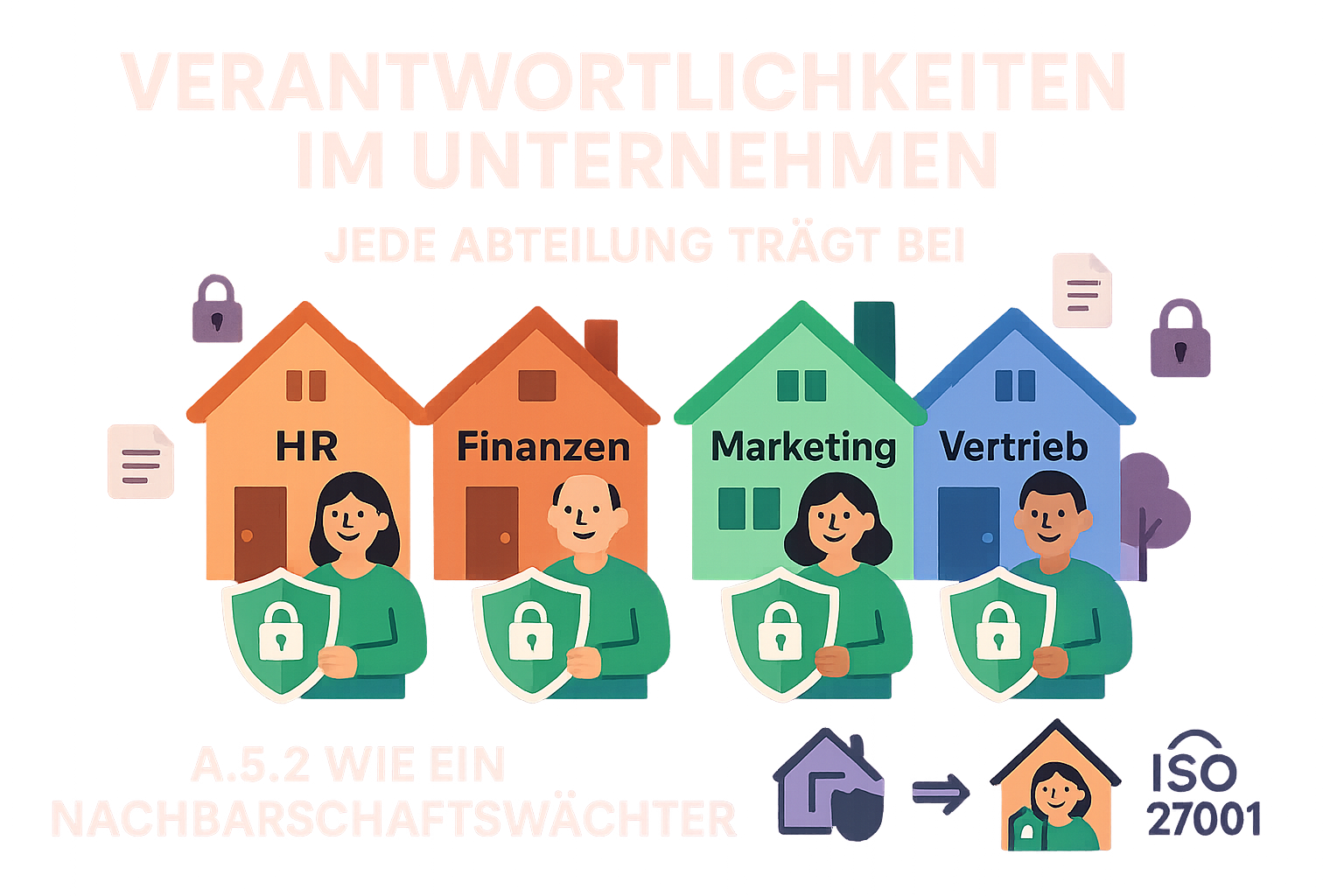 Das Konzept von ISO 27001 A.5.2 wird mit einer Nachbarschaftswächter-Metapher erklärt, die verdeutlicht, wie jede Abteilung im Unternehmen zum Informationsschutz beiträgt.