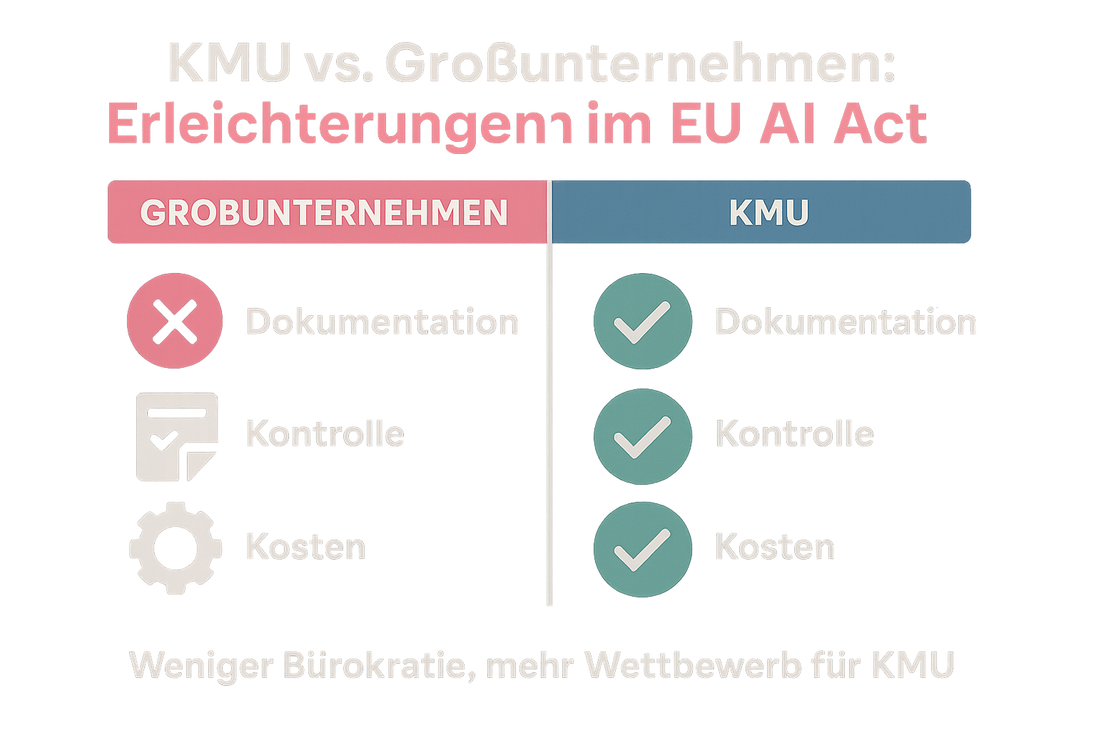 Diese Grafik schafft eine einprägsame Gegenüberstellung der Erleichterungen und zusätzlichen Pflichten unter dem EU AI Act für KMU im Vergleich zu Großunternehmen.