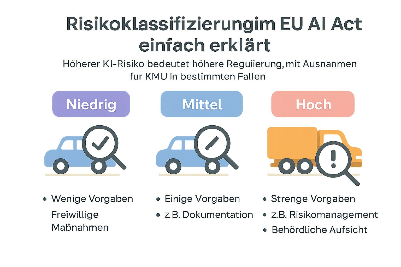 Eine anschauliche Visualisierung des risikobasierten Ansatzes des EU AI Act, die KMU hilft, die Bedeutung der Risikoklassen einfach zu verstehen.