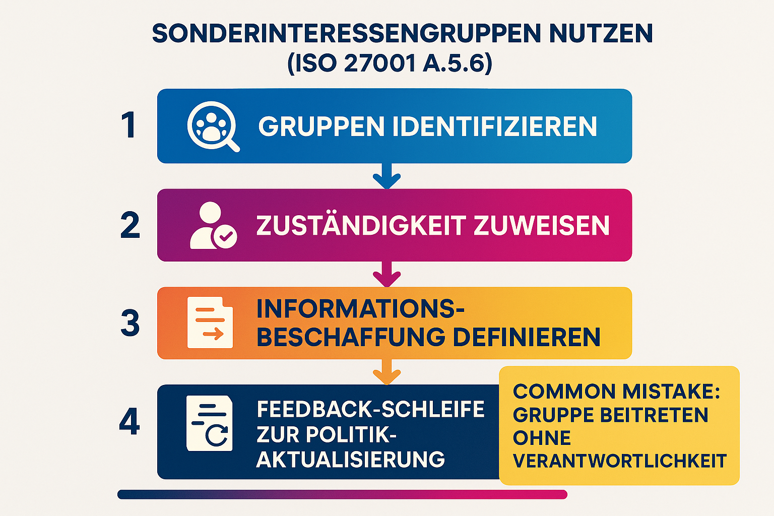 Diese Schritt-für-Schritt Übersicht unterstützt KMU dabei, gezielt ISO 27001 A.5.6 umzusetzen – vom Finden relevanter Gruppen bis zur dynamischen Anpassung der Sicherheitsrichtlinien.