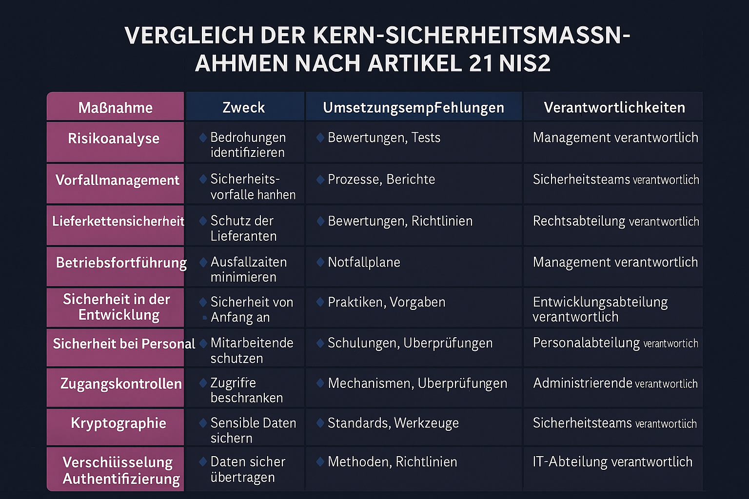 Diese Matrix erleichtert den schnellen Vergleich der verpflichtenden NIS2 Sicherheitsmaßnahmen und unterstützt fundierte Evaluationsentscheidungen.
