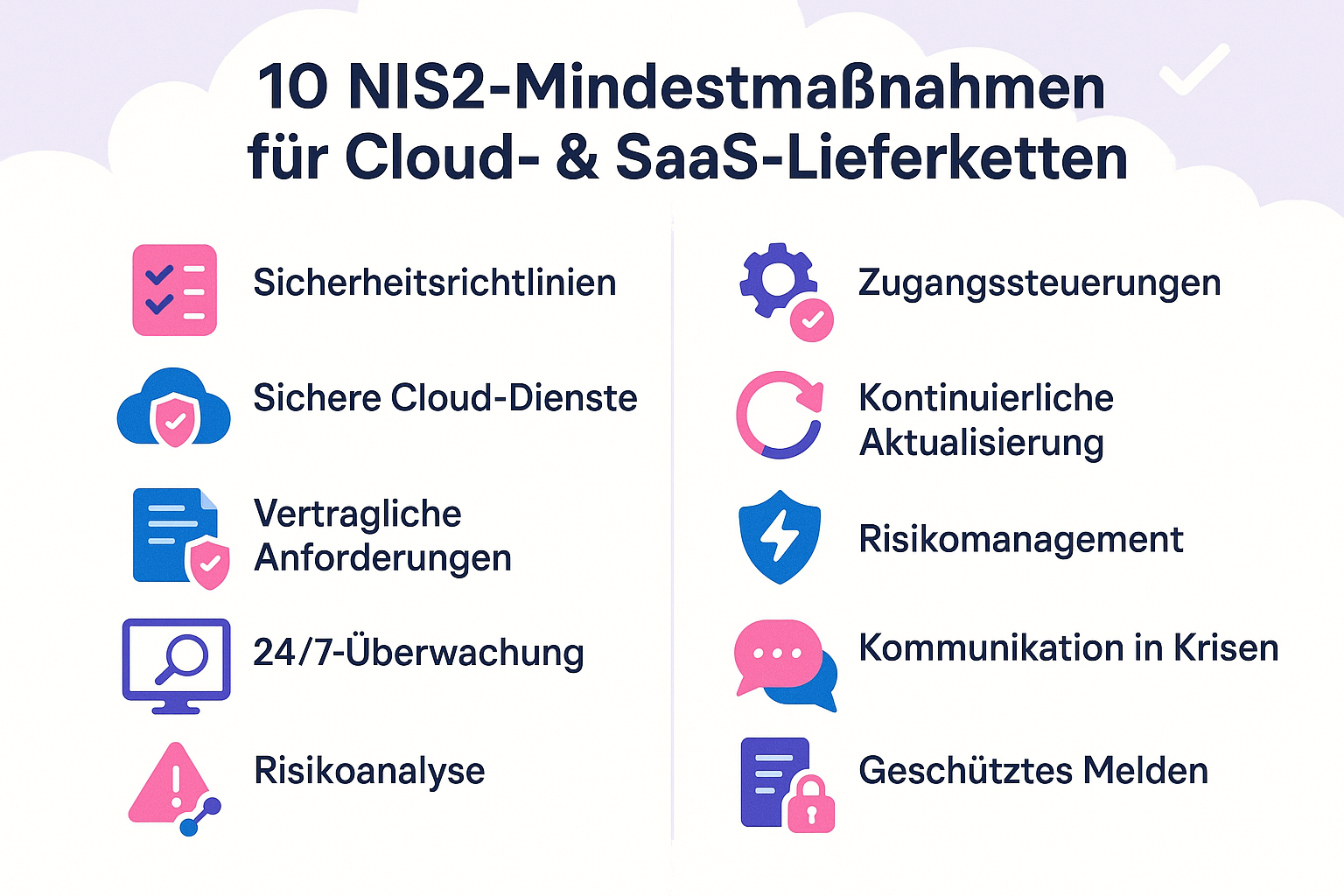 Diese Übersicht visualisiert die wichtigsten NIS2-Maßnahmen für Cloud- und SaaS-Lieferketten als praktischen Erinnerungshilfe mit klaren Icons und kurzen Erklärungen.