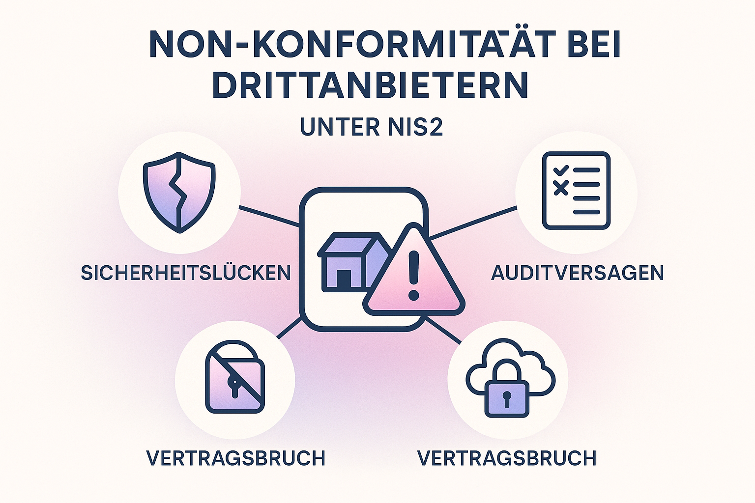 Ein Bild, das verschiedene Formen der NIS2-Non-Konformität bei Drittanbietern zeigt, wie fehlende Sicherheitsmaßnahmen, unzureichende Audits und Vertragsverletzungen, dargestellt als Warnsymbole.